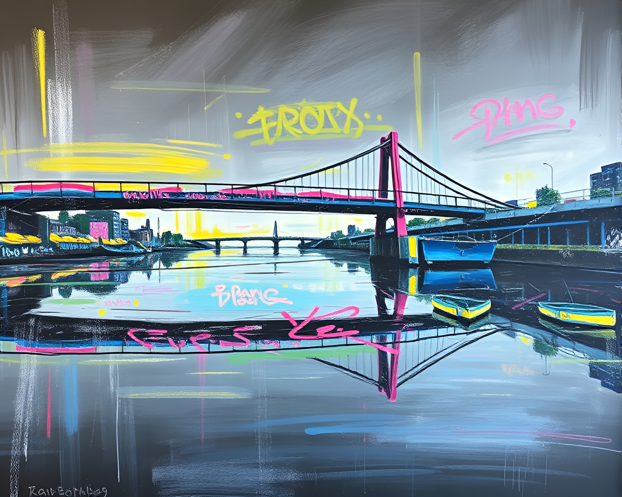 Glass Bridge Reflecting Pastel Graffiti Chalk Drawings – free AI stock image