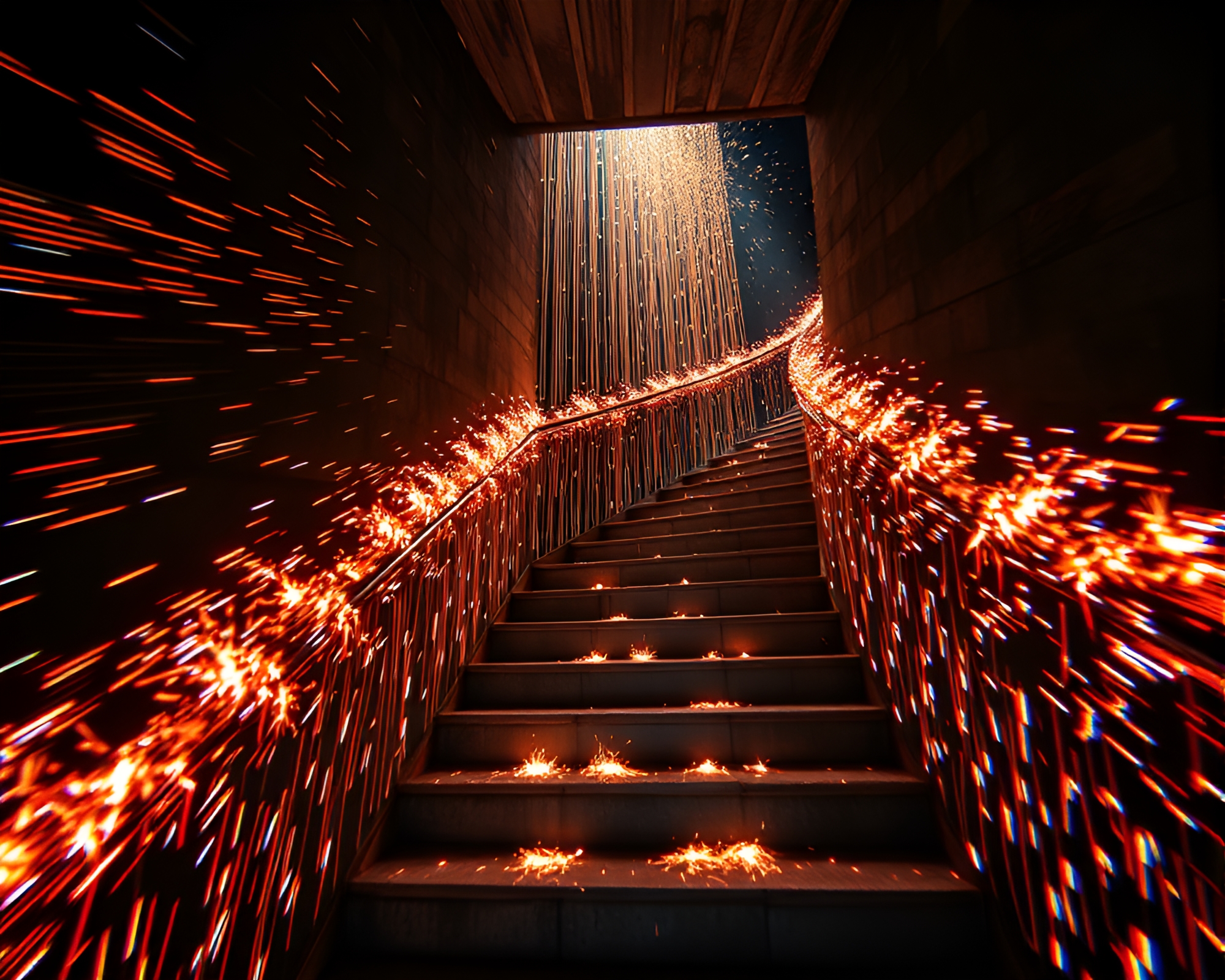 Ethereal Staircase Illuminated by Dynamic Sparkler Trails – free AI stock image
