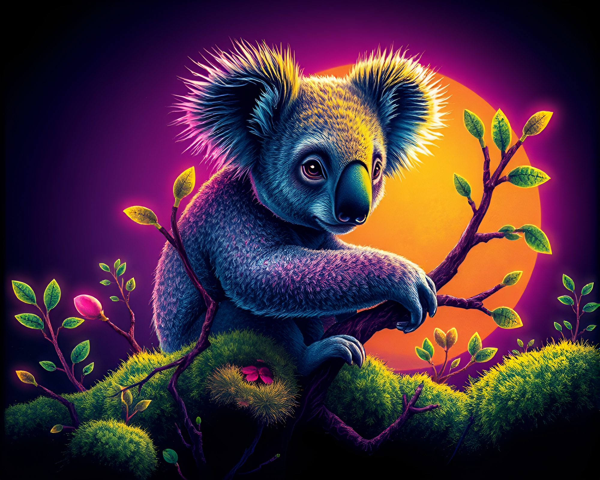 Neon Koala Among Moss Growth with Sgraffito Style – free AI stock image