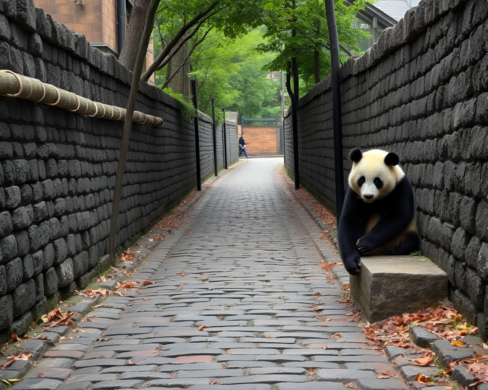 Majestic panda walking on a cobblestone path in HDR
