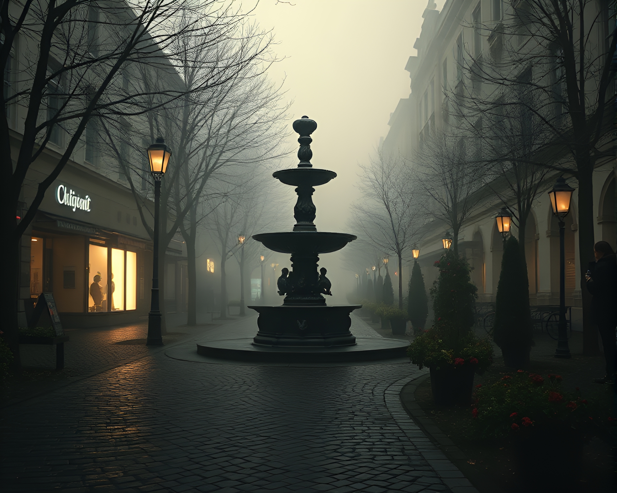 Chocolate Fountain on Cobblestone Path in Noir Fog – free AI stock image
