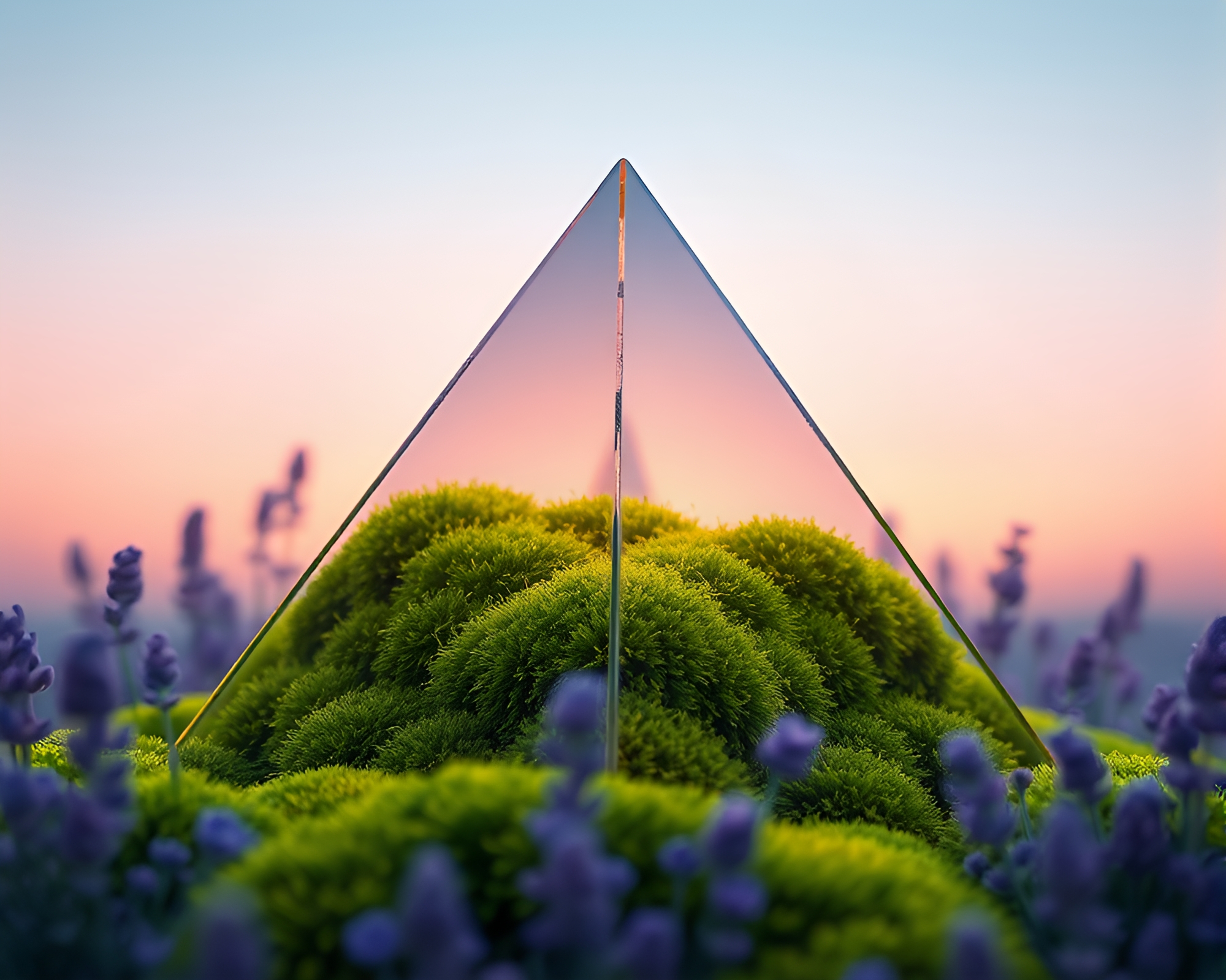 Glass Pyramid Overgrown with Twilight Moss – free AI stock image