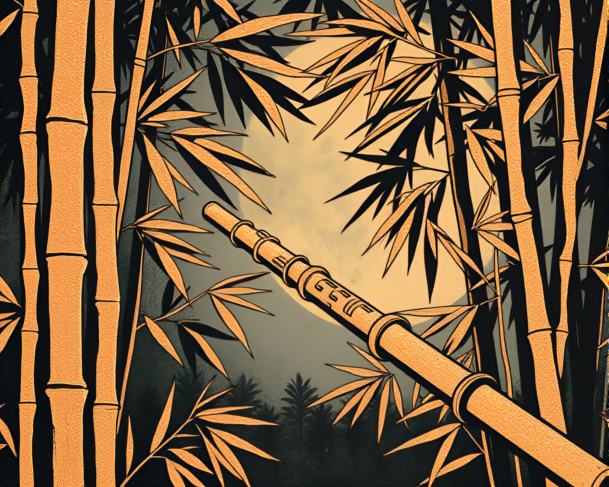 Enchanted Bamboo Flute Serenade in Rose Gold Linocut – free AI stock image