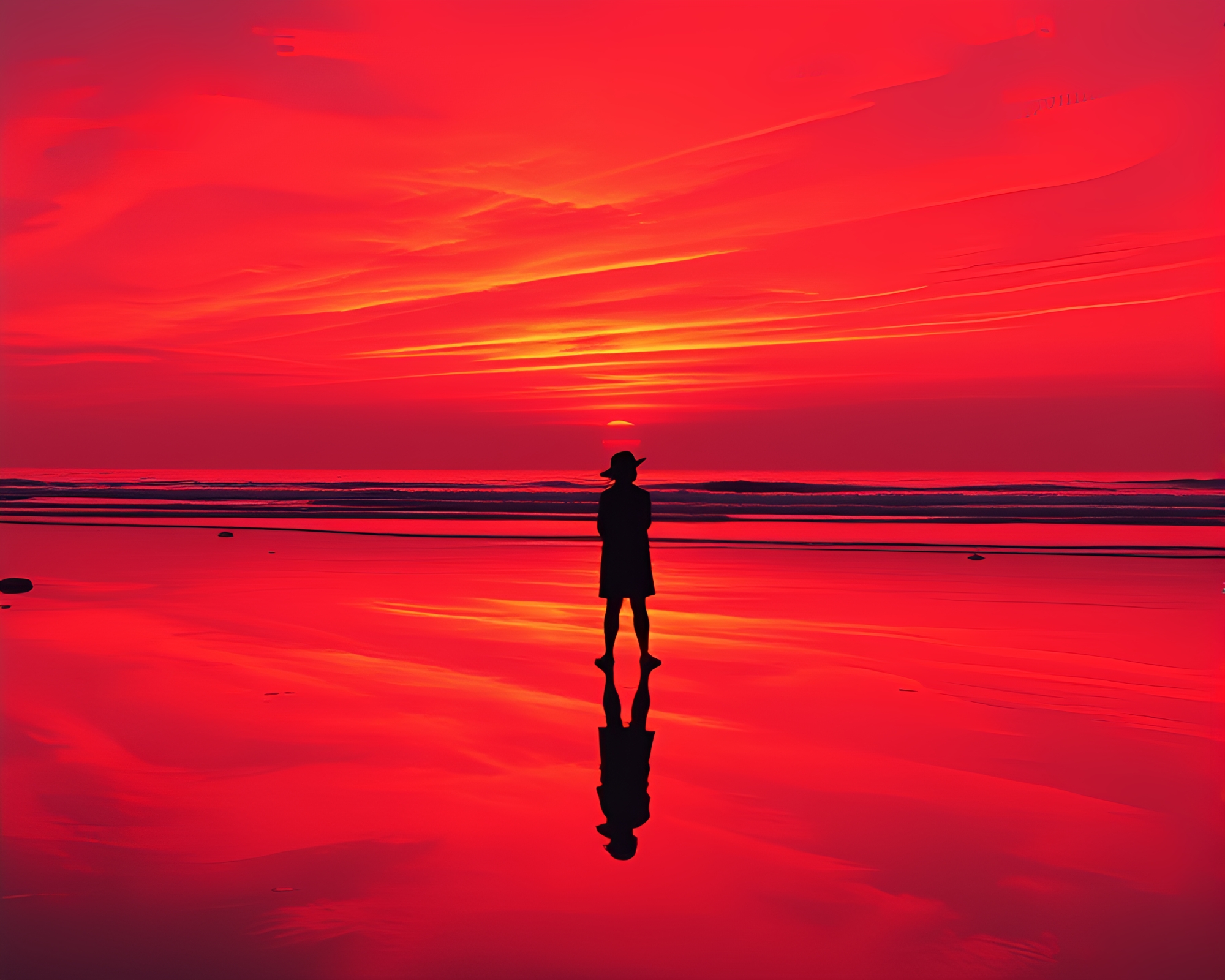 Vibrant Sunset Silhouette Reflection at Brick Red Beach – free AI stock image