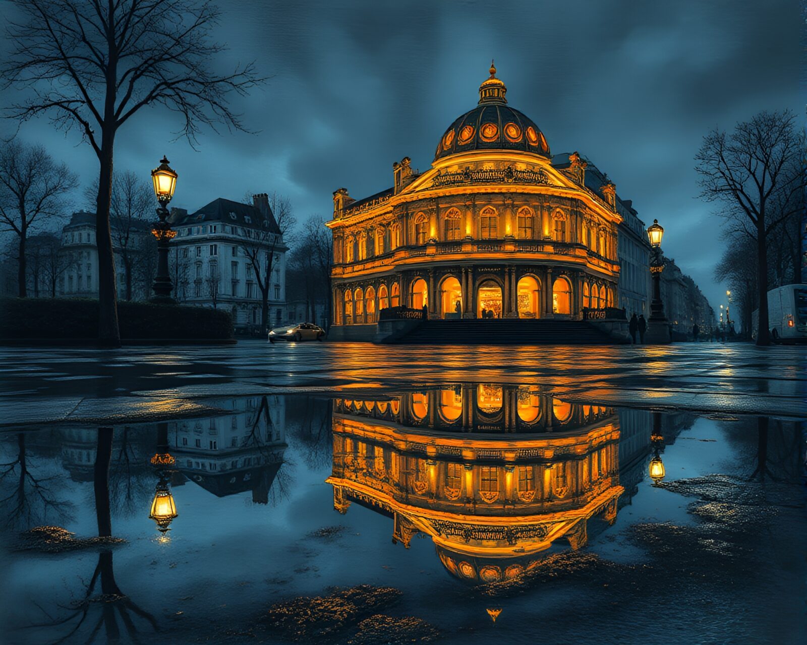 Fantastical landscape etching with baguette reflecting opera-house glow