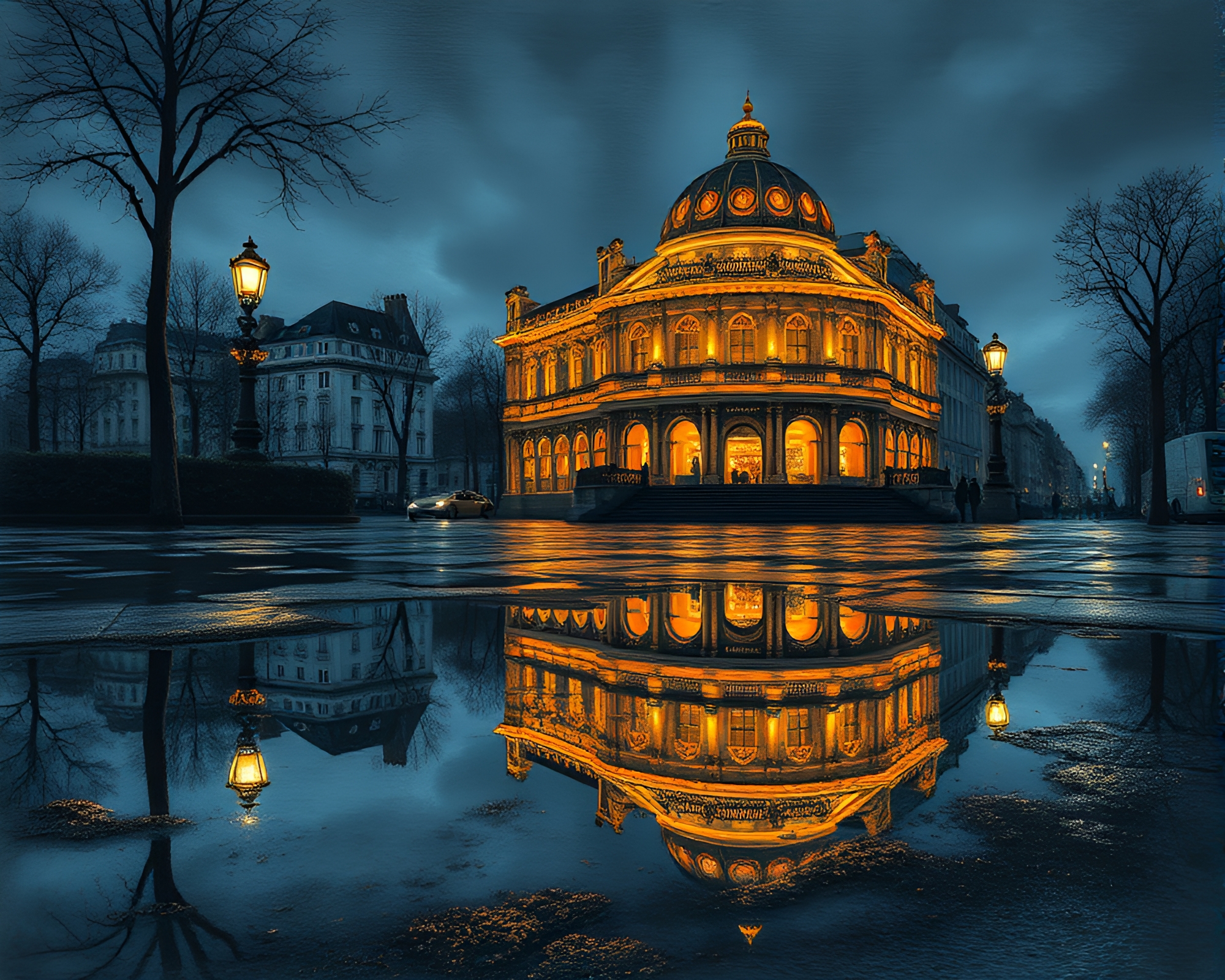 Surreal Baguette Puddle Reflection Opera-House Glow – free AI stock image