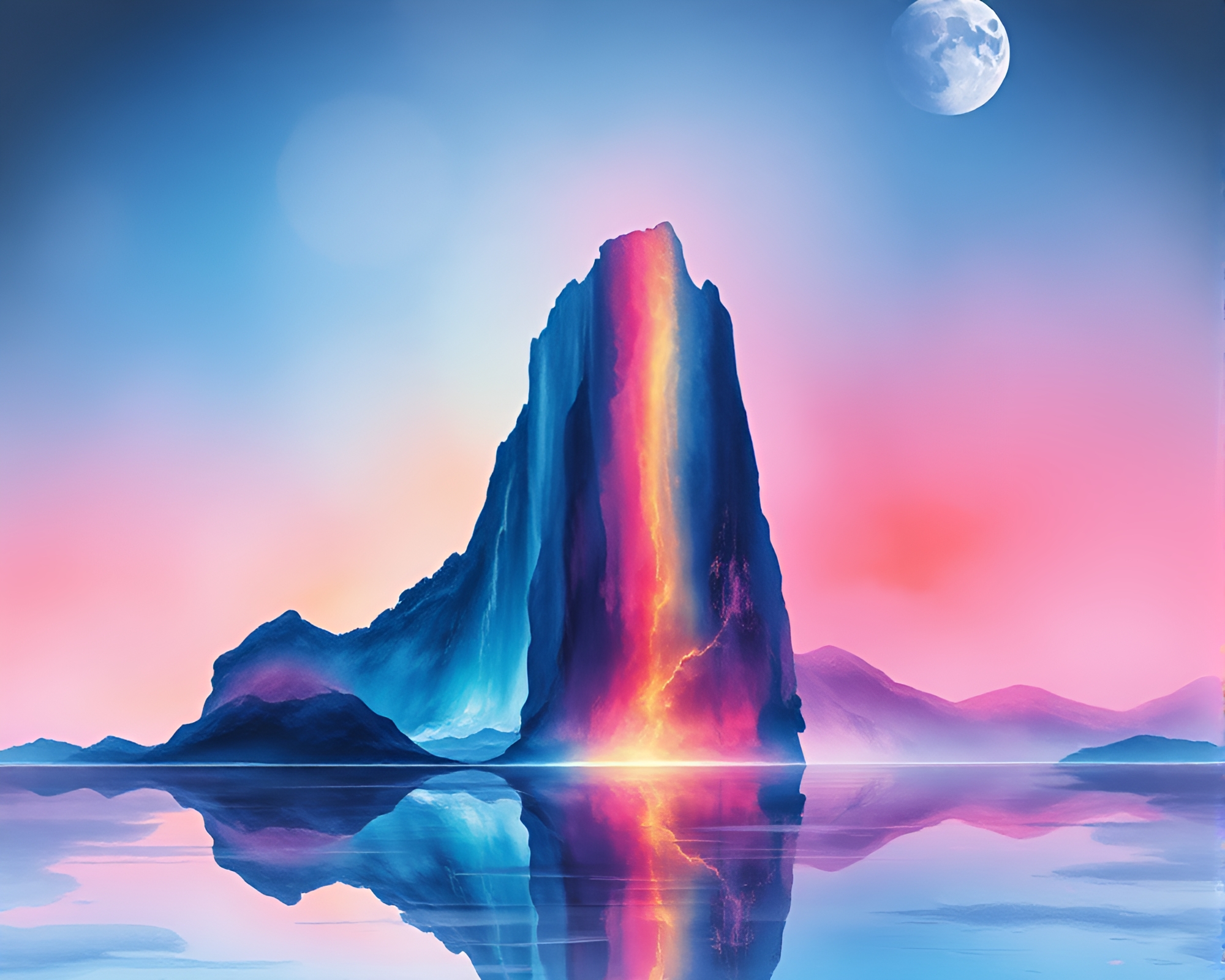 Neon Monolith Rising from Distorted Watercolor Landscape – free AI stock image