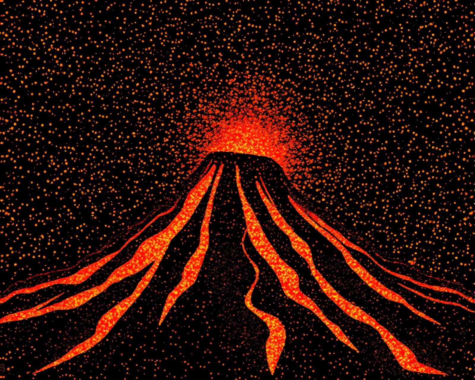 Metallic sparkles over erupting volcano in tri-tone colors