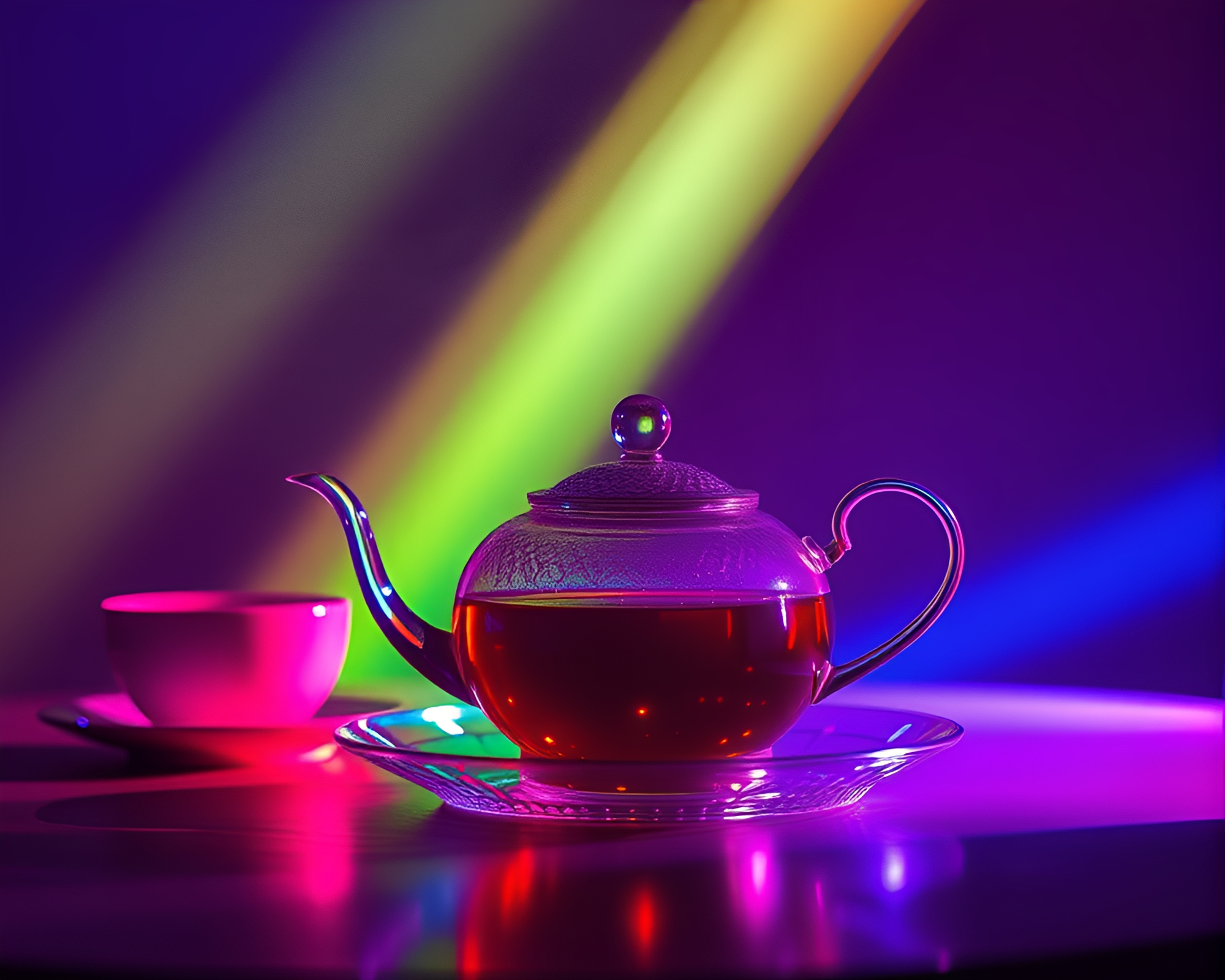 Mesmerizing Tea Set in Neon Lens Flare – free AI stock image