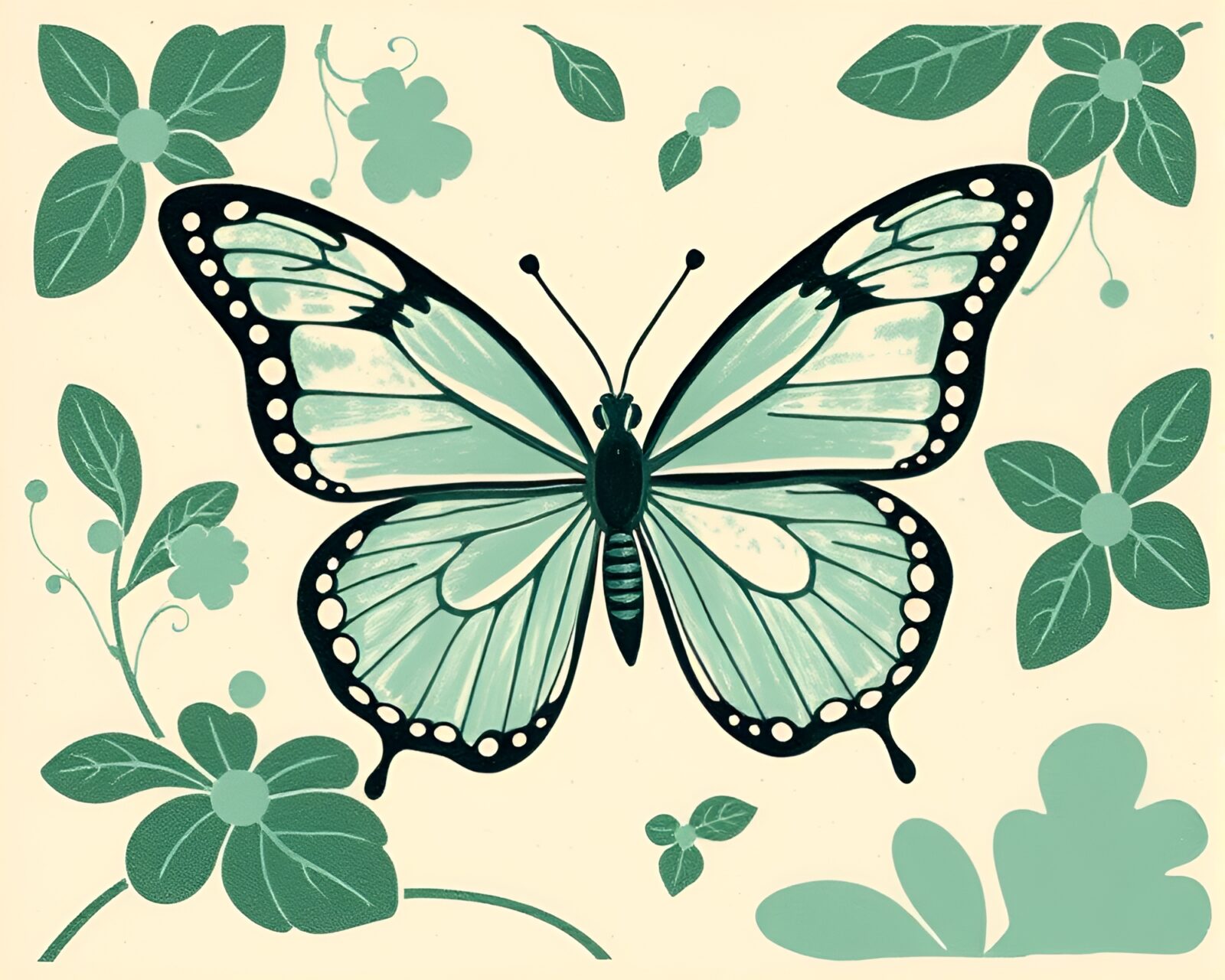 Intricate woodblock print with sgraffito design of silk butterfly