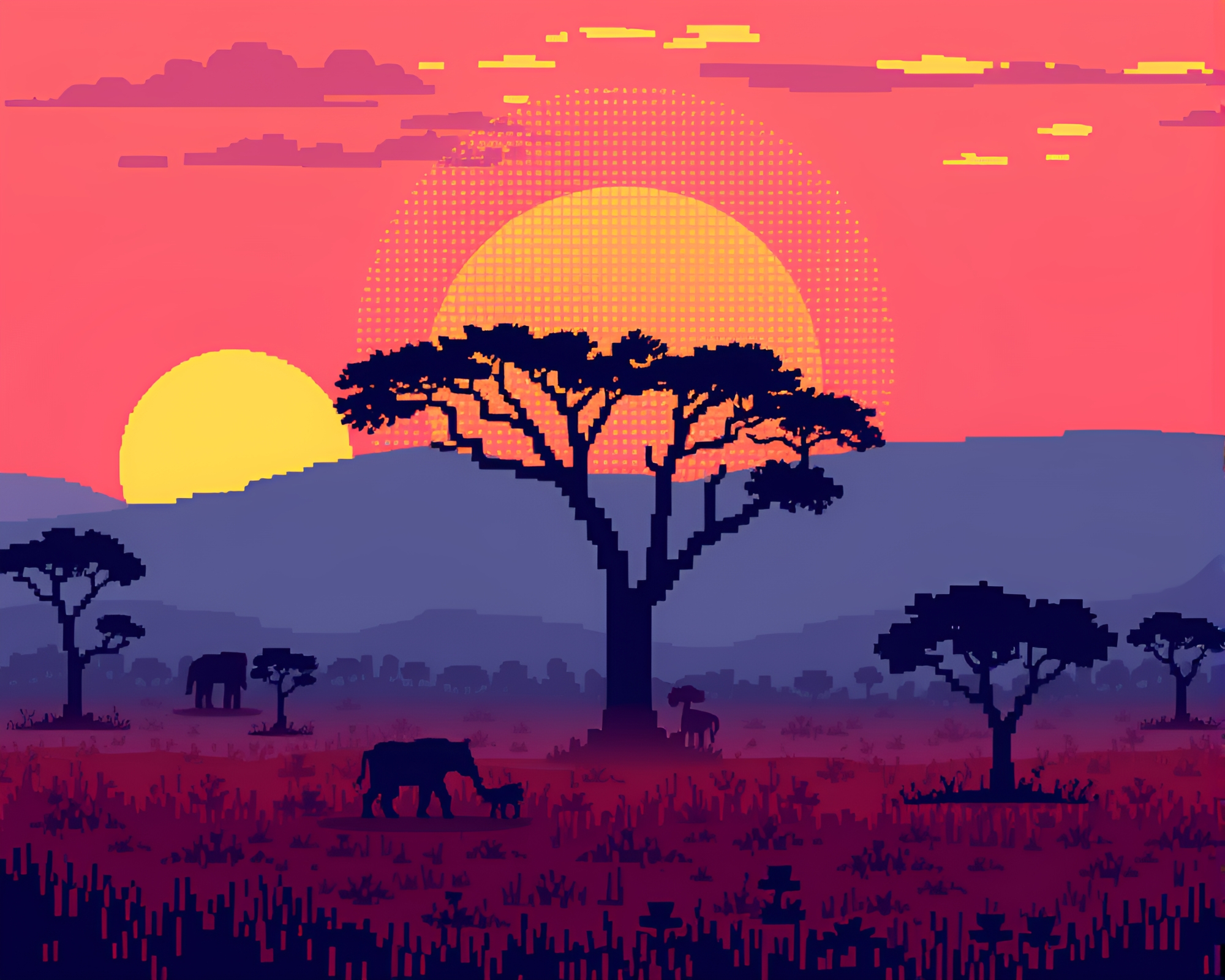 Savanna Sunset in Retro Pixel Art – free AI stock image