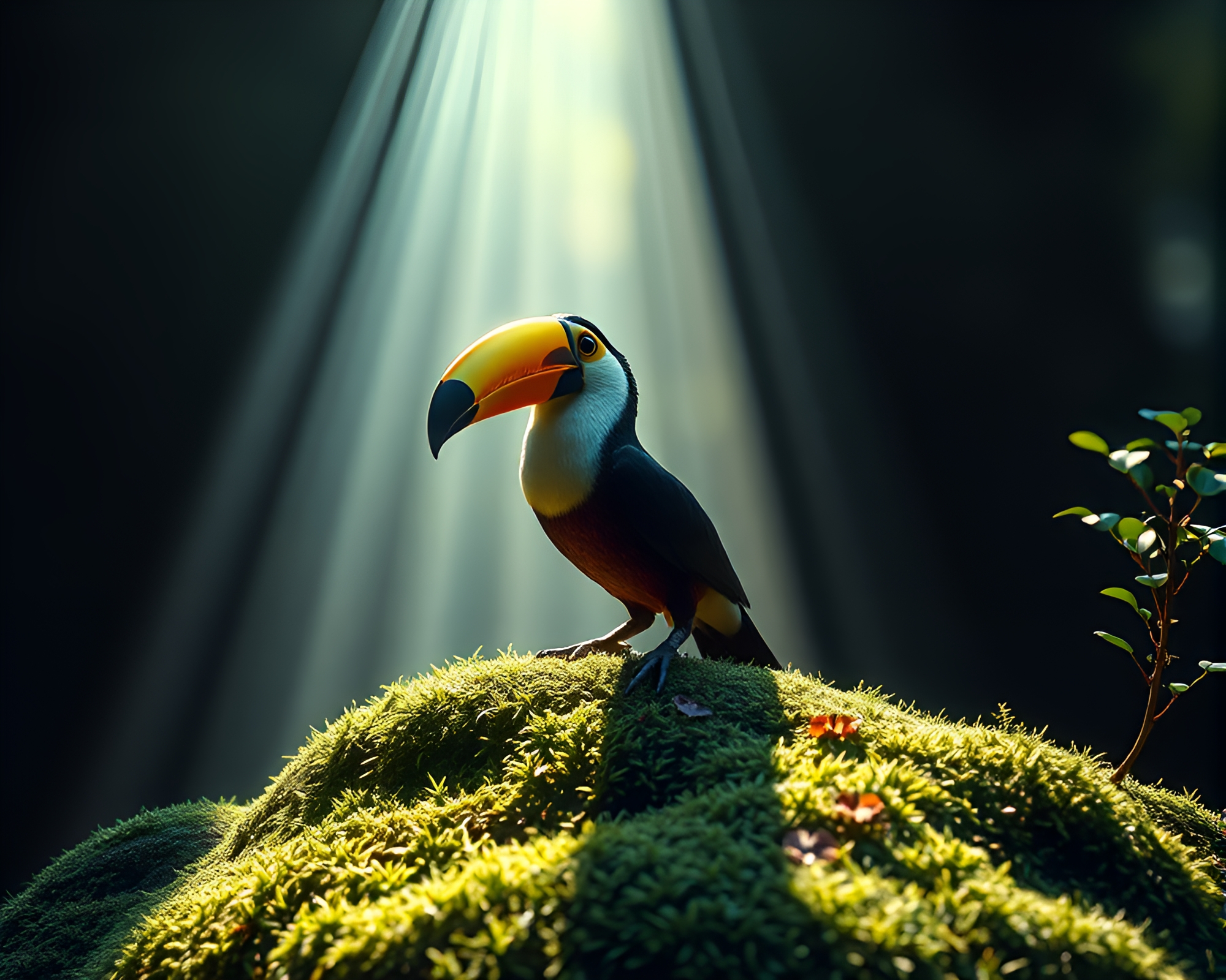 Lush Mossy Toucan in Enchanting Sunbeam Forest – free AI stock image