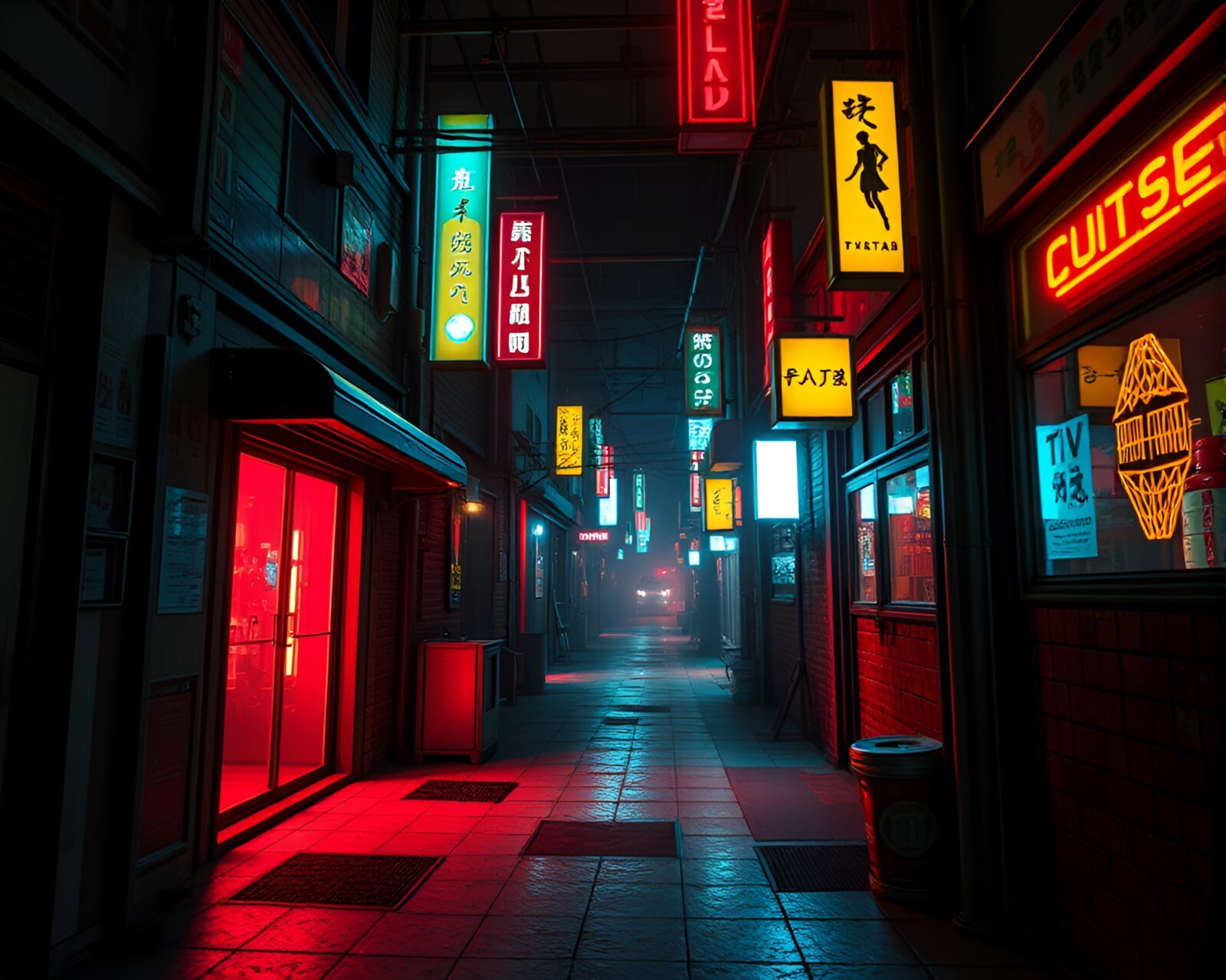 Futuristic alley bathed in neon light and wireframe shadows