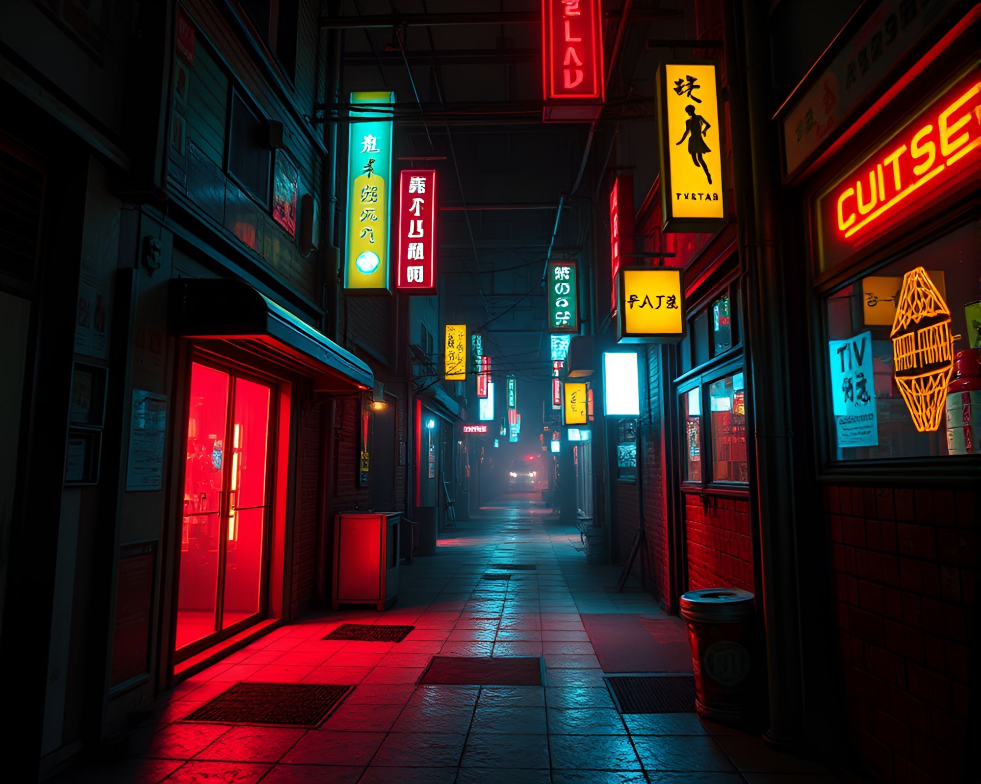 Cyberpunk Alley with Hyper-Saturated Wireframe Shadows – free AI stock image