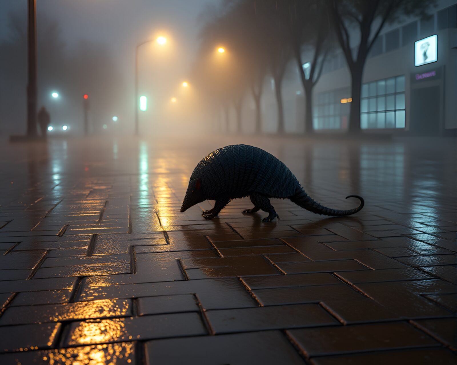 Abstract image of armadillo in mist on geometric wet surface