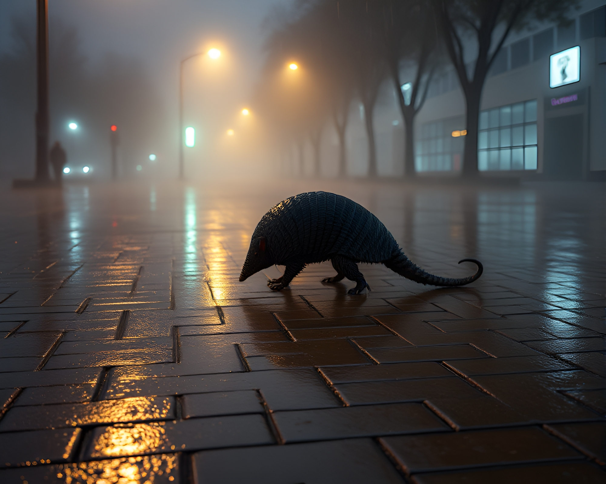 Misty Armadillo Crossing Wet Geometric Pavement – free AI stock image