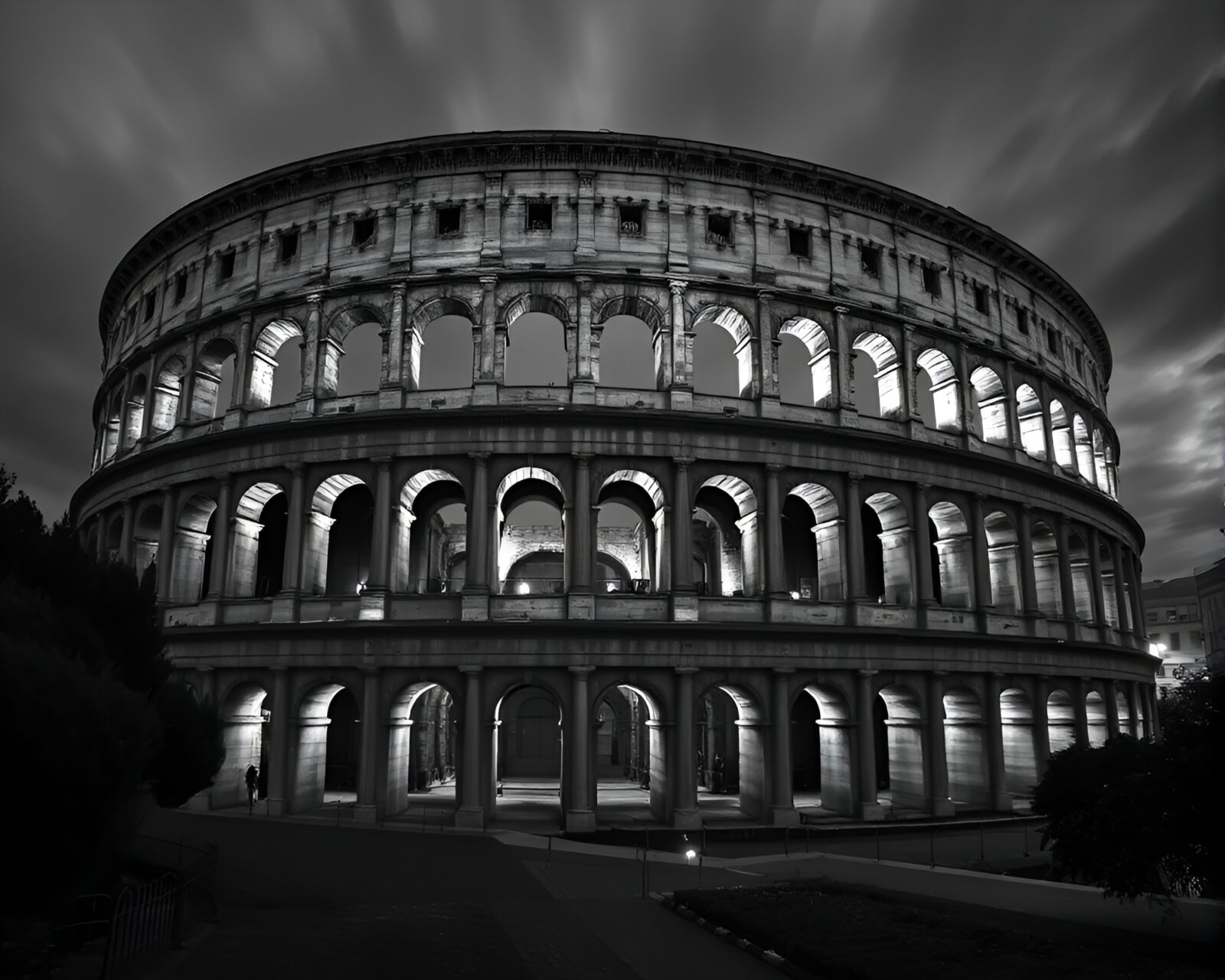 Dramatic desaturated image of a dynamic Roman coliseum with foil stamping details