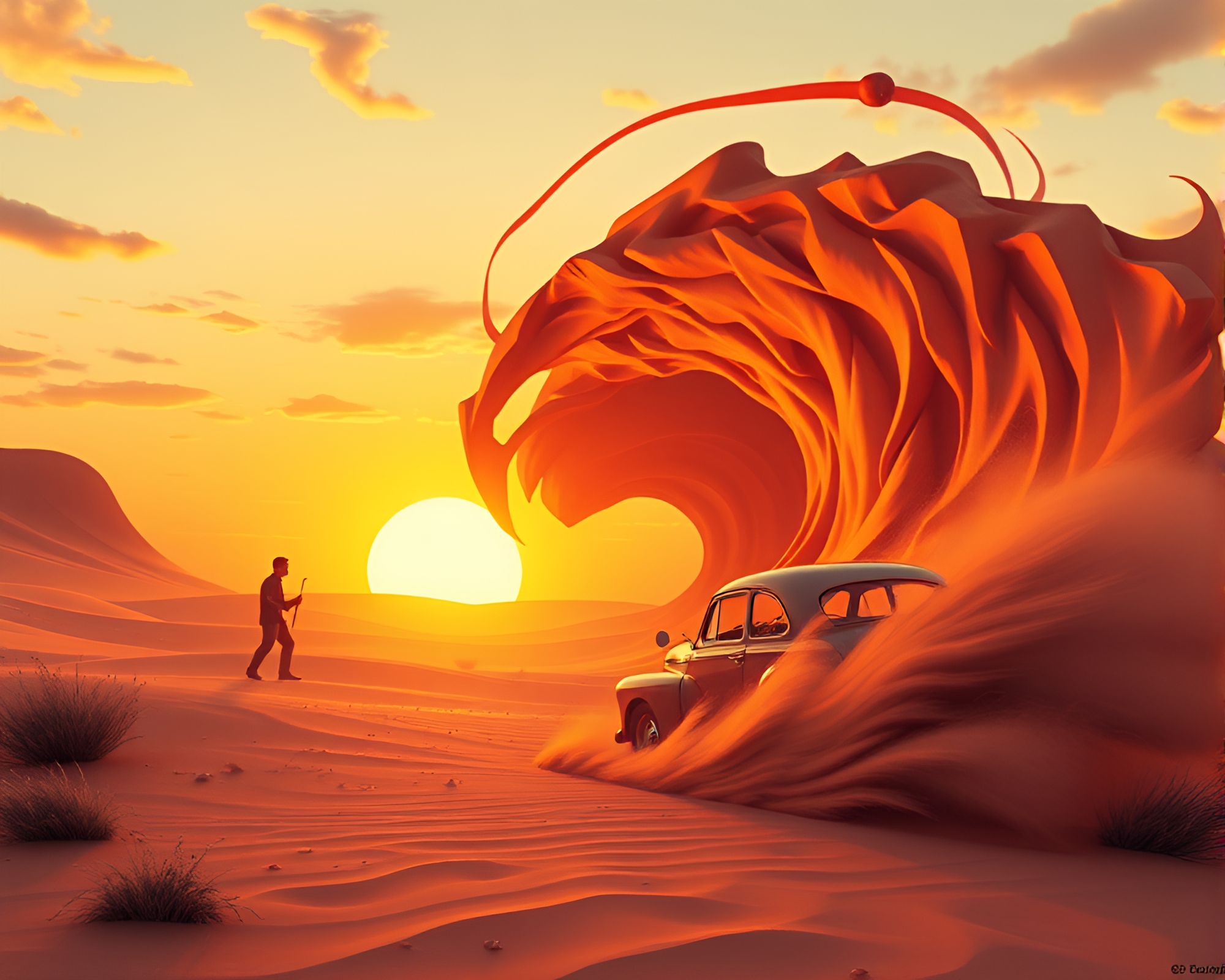 Vintage Car Swirling Vortex Sunset Desert – free AI stock image