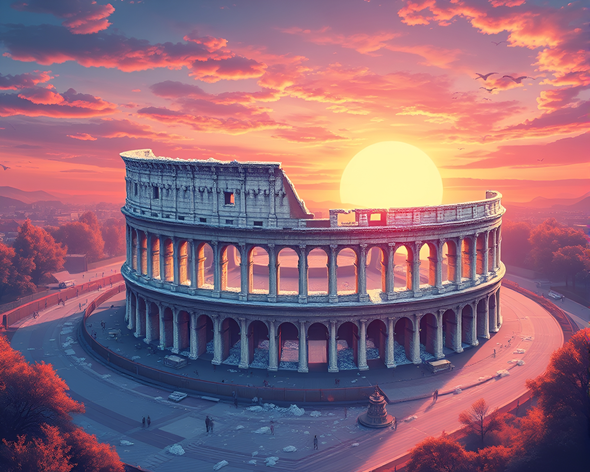 Ice Crystal Coliseum at Sunset – free AI stock image