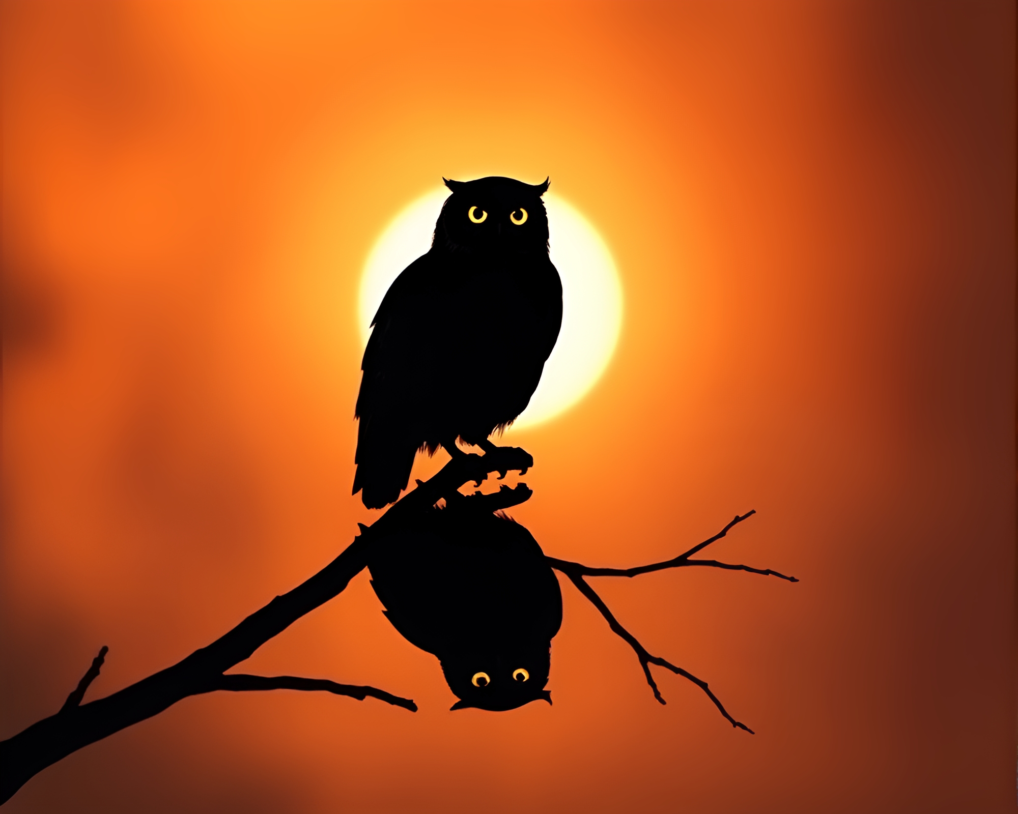Clockwork Owl Silhouette Amid Solar Flare Glow – free AI stock image