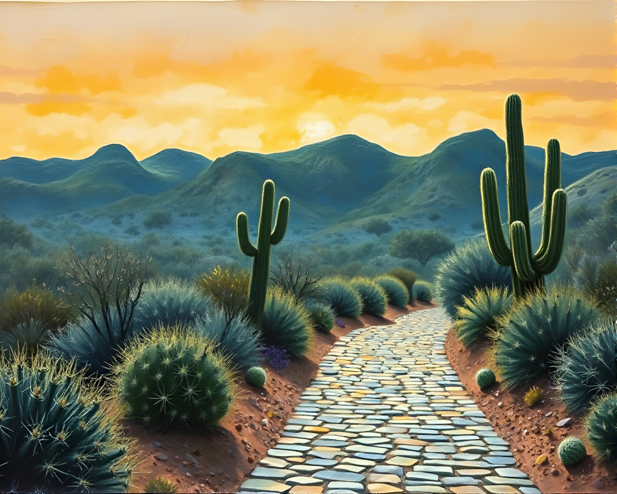 Desert Cactus Oasis Encaustic Painting – free AI stock image
