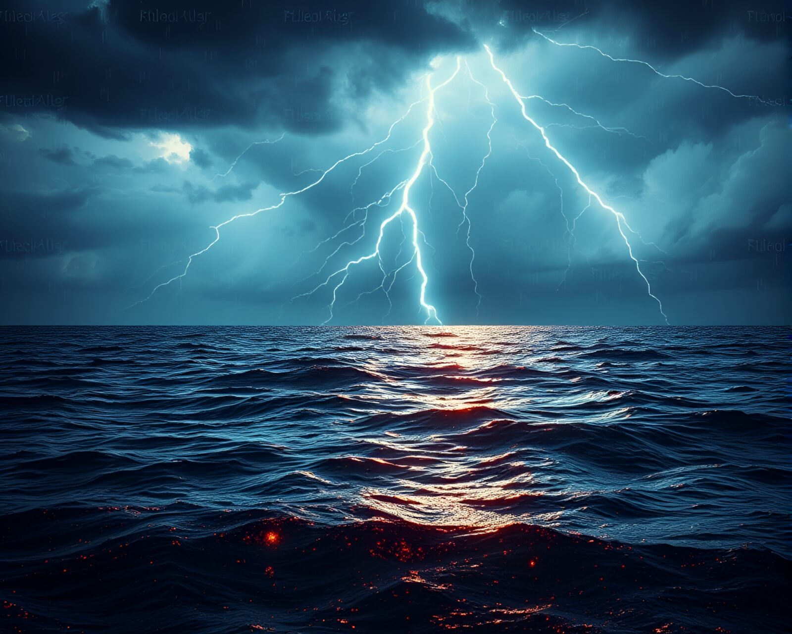 Rust flakes under ultraviolet shine during ocean thunderstorm.