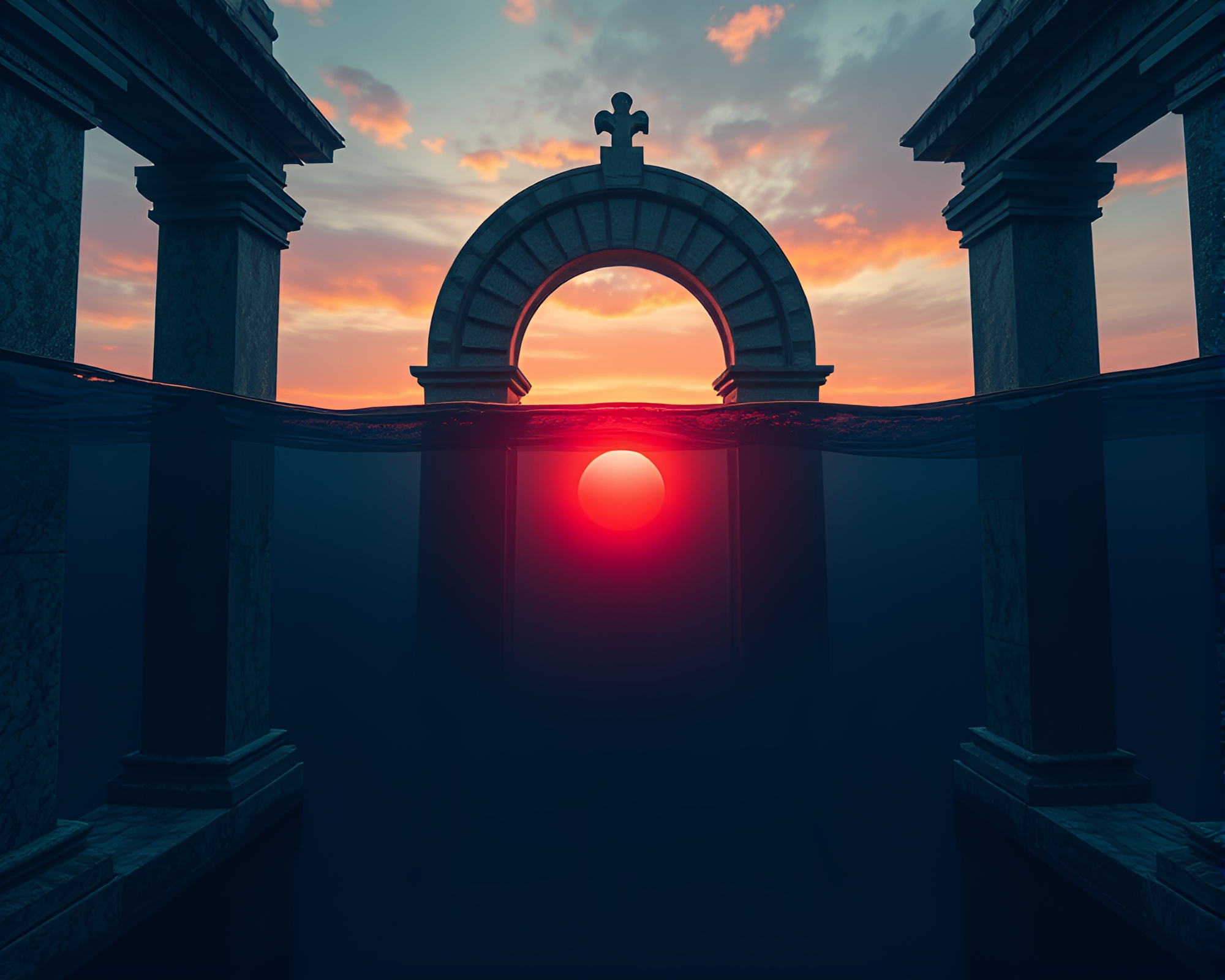 Sunset Submarine Architectural Frame – free AI stock image