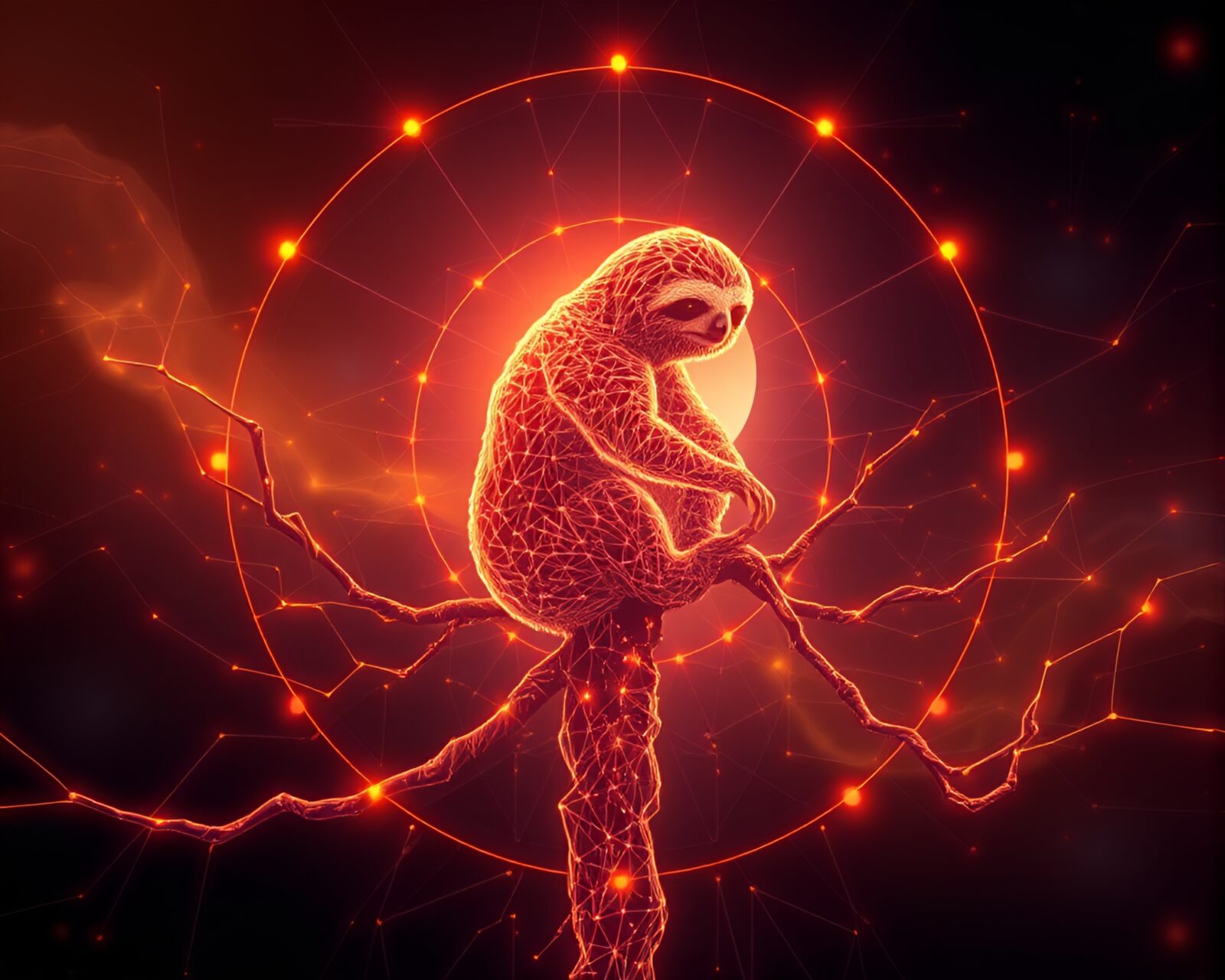 A whimsical generative art portrayal of a sloth in golden hour light
