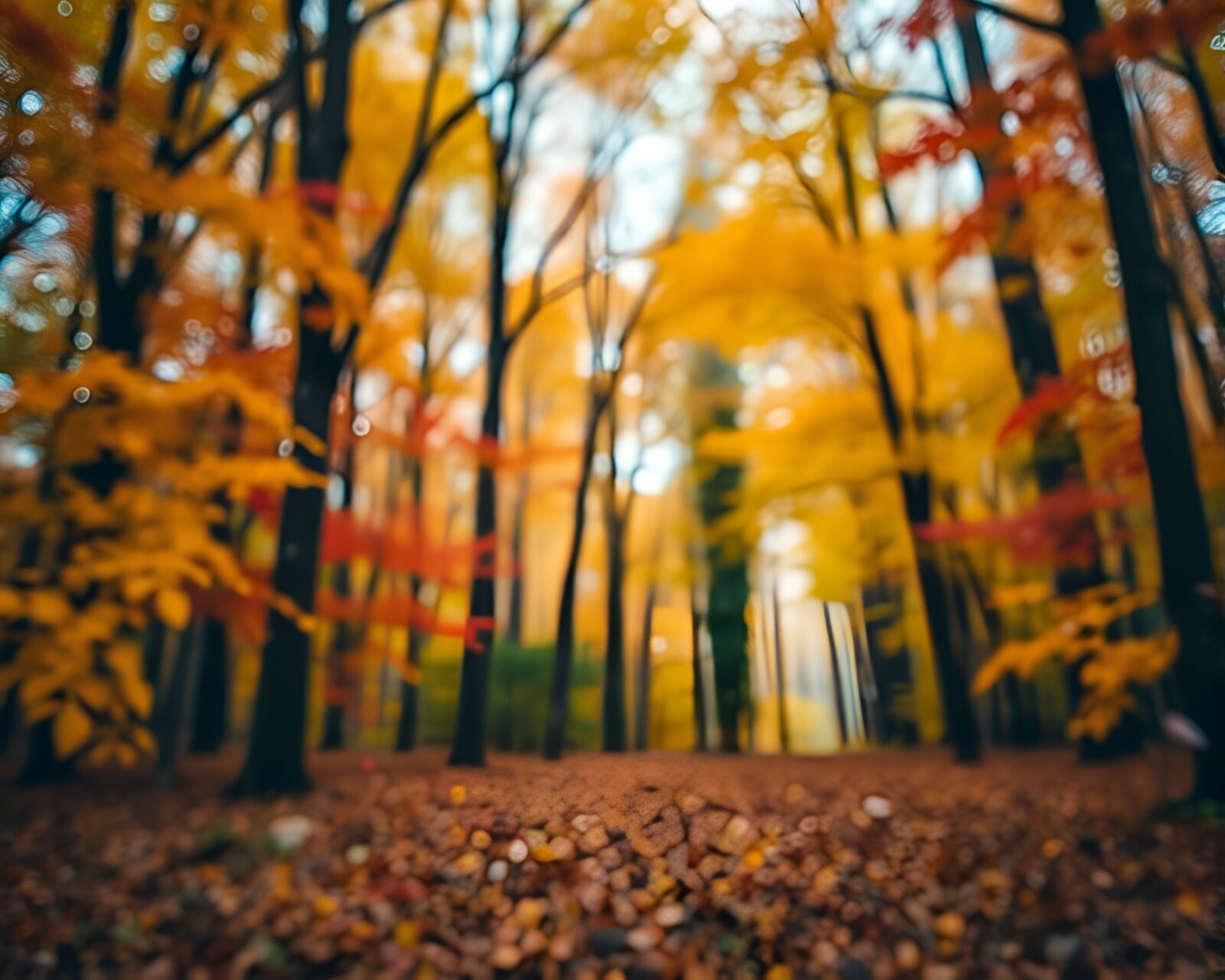 Magical tilt-shift view of confetti-colored autumn forest