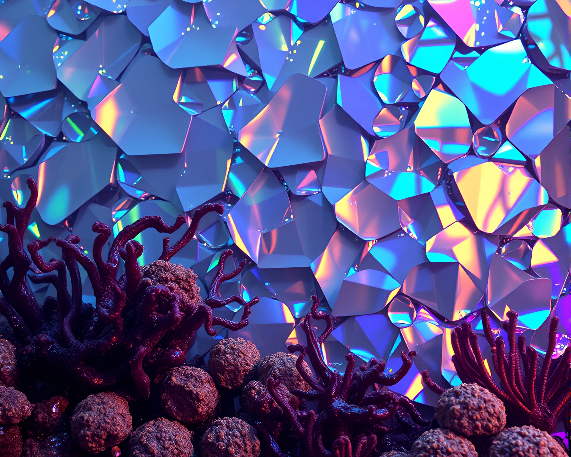 Reef Reflections: Holographic Stained Glass Seascape – free AI stock image