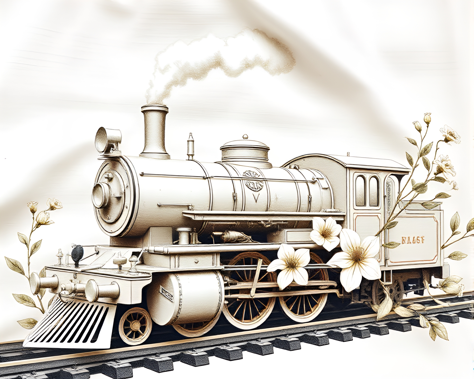 Ethereal Ivory White Steam Locomotive Botanical Illustration – free AI stock image