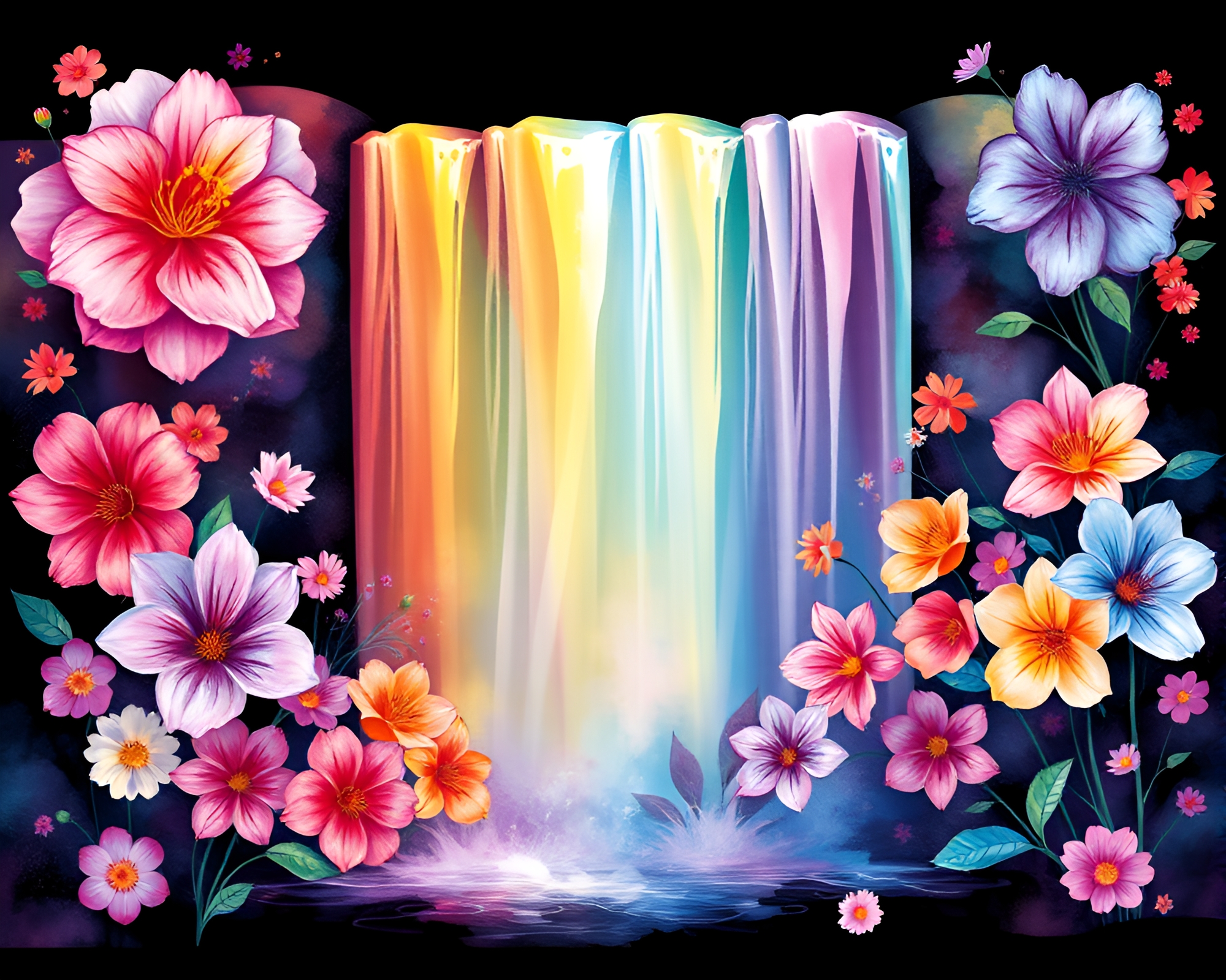 Rainbow Waterfall in X-Ray Watercolor Blooms – free AI stock image
