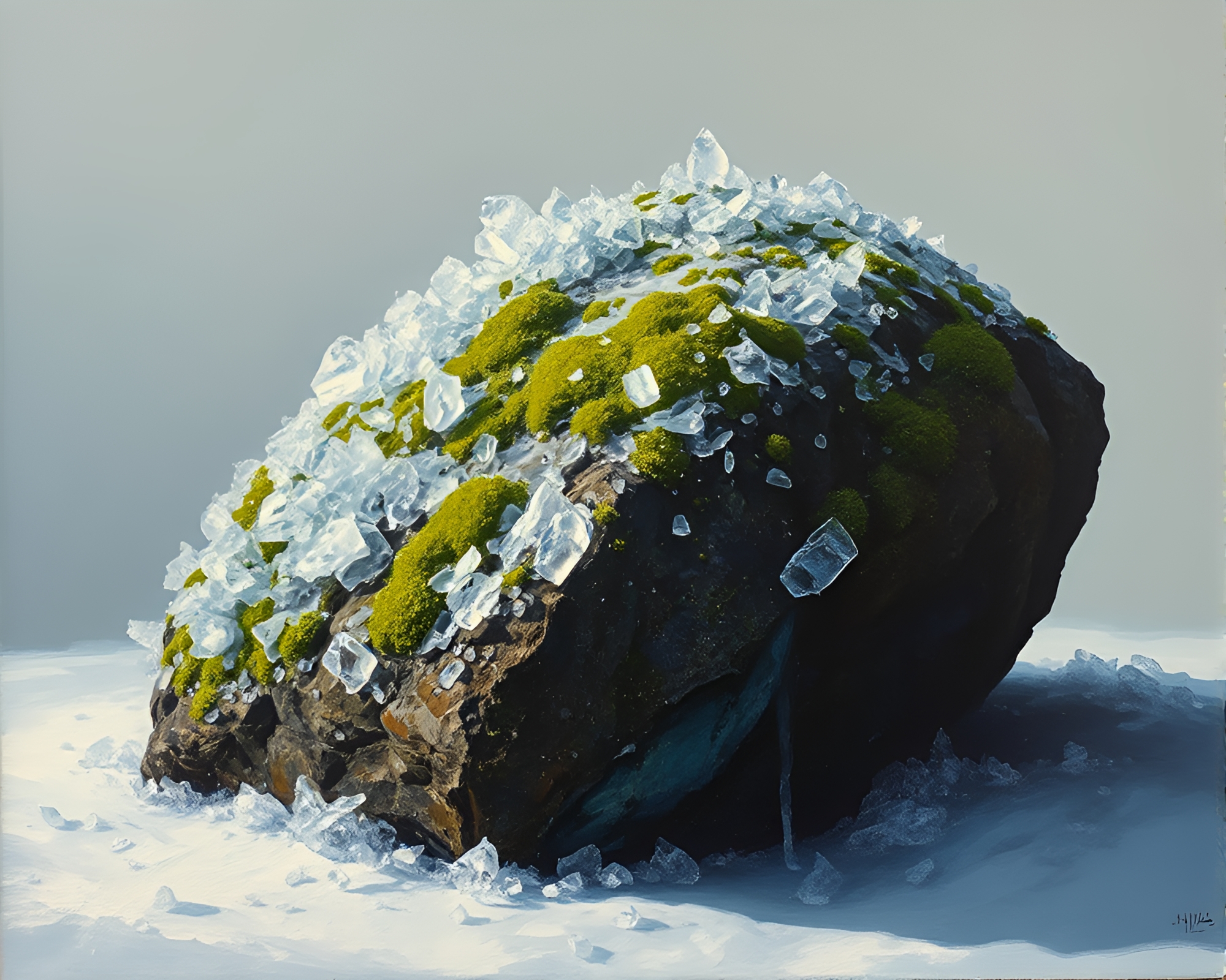Frozen Moss-Covered Rock with VHS Distortion – free AI stock image