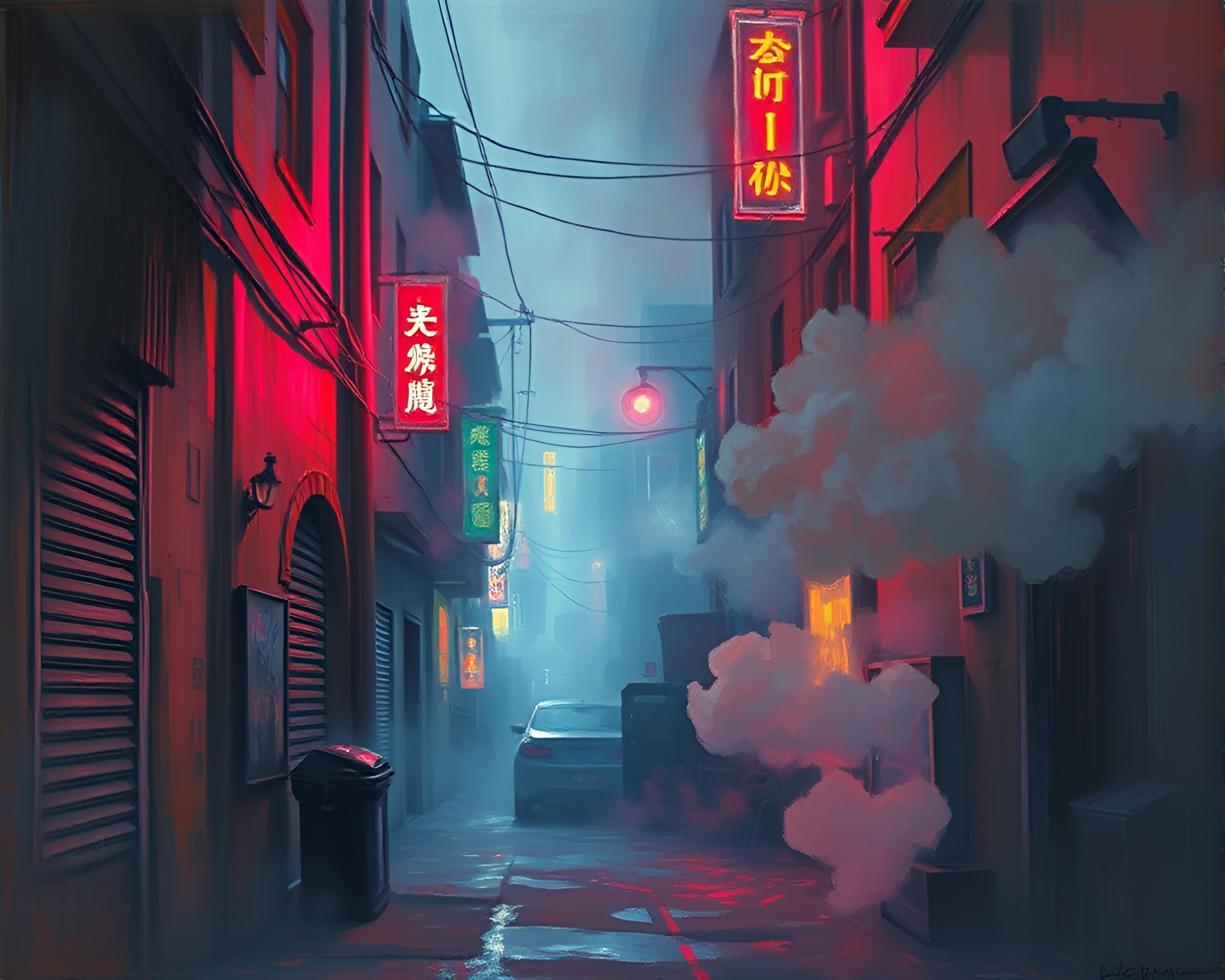 Cyberpunk Alley with Smoke Ring Compositions – free AI stock image