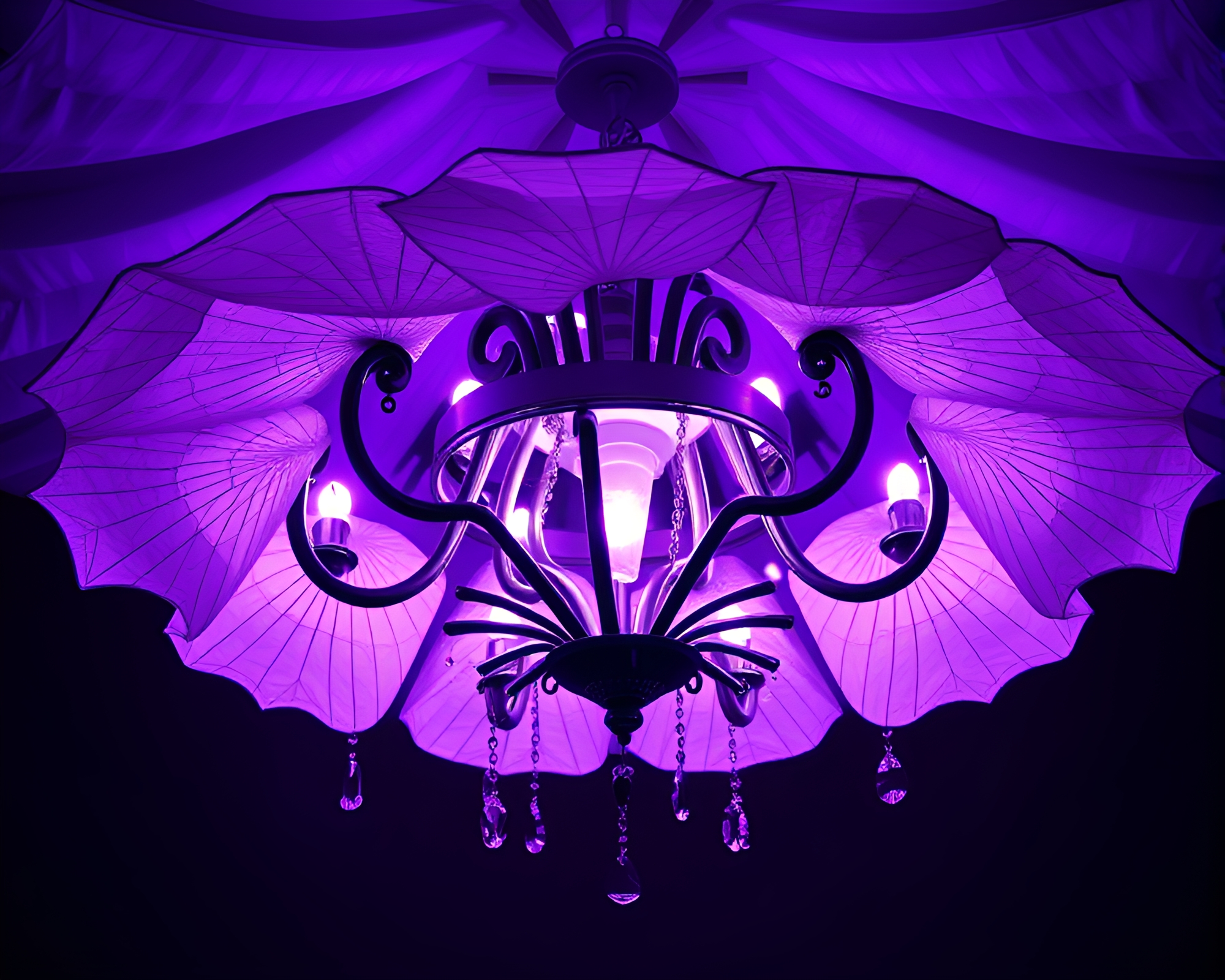 Elegant Chandelier Illuminated by Ultraviolet Glow – free AI stock image