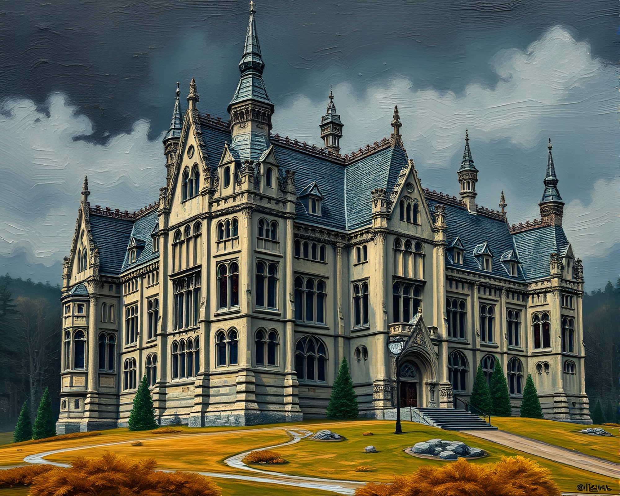 Neo-Gothic Mansion with Oil Impasto Ridges – free AI stock image