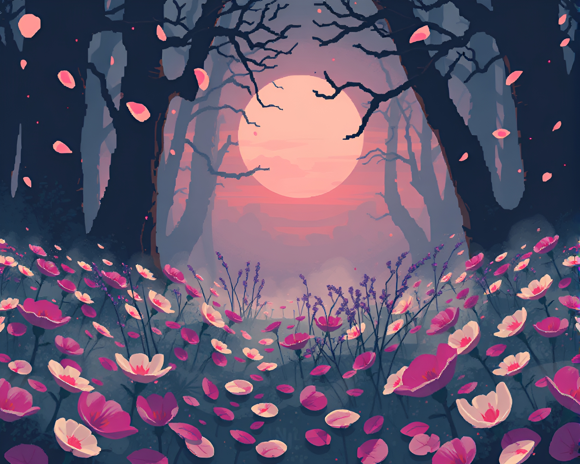 Lovecraftian Horror: Flower Petals in Misty Dawn – free AI stock image