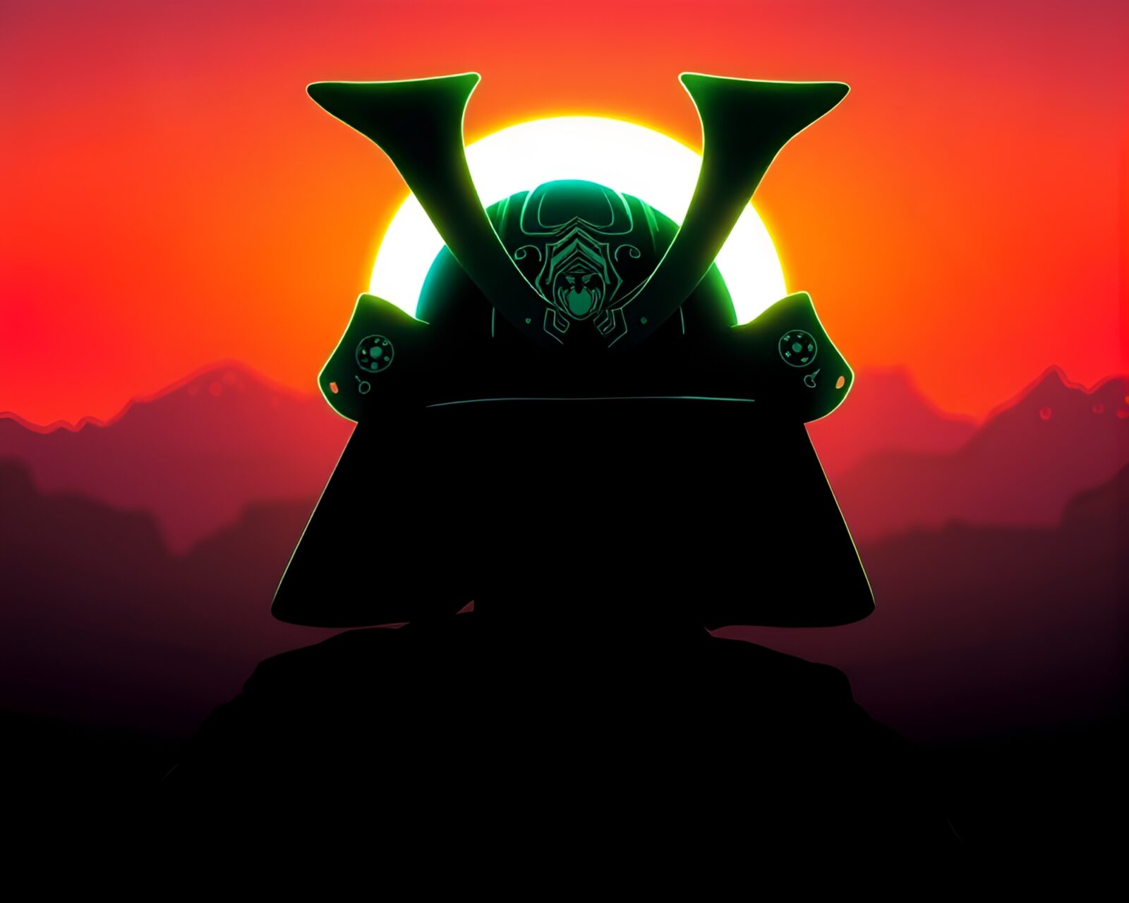 Backlit silhouette of a samurai helmet with neon gradient