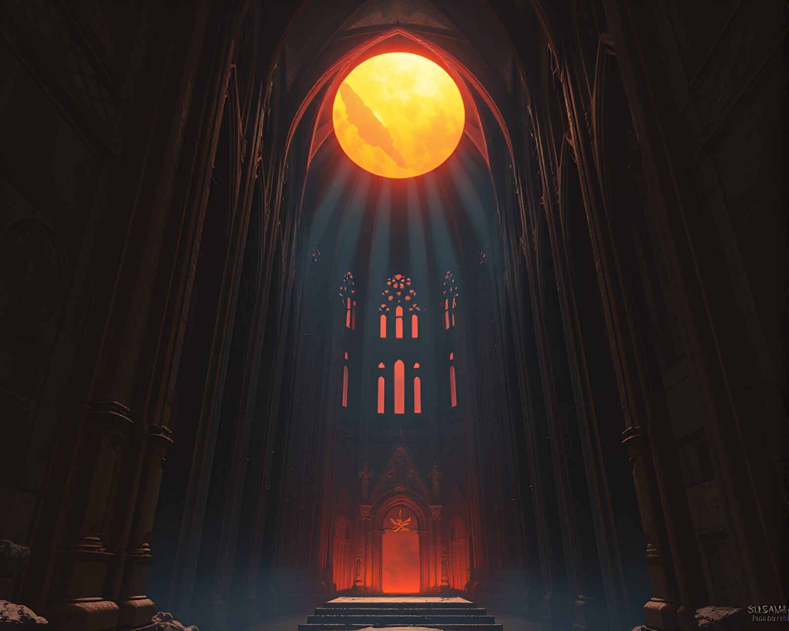 Dark basement with glowing sun rays overviewing grand cathedral
