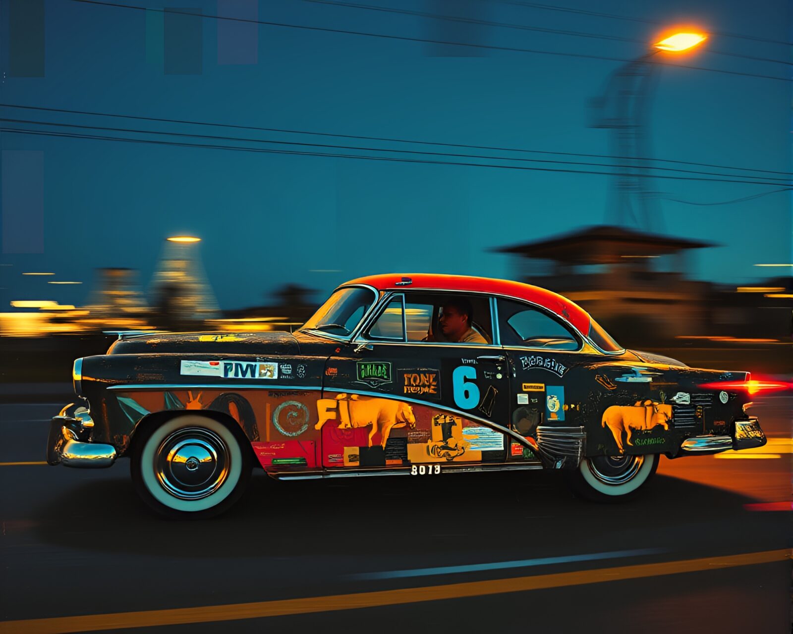 Abstract collage of a flying car in triadic colors