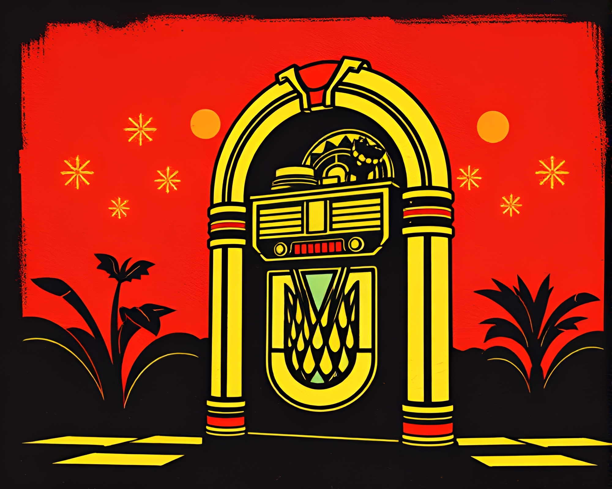 Vintage jukebox in wireframe desert sunset – free AI stock image
