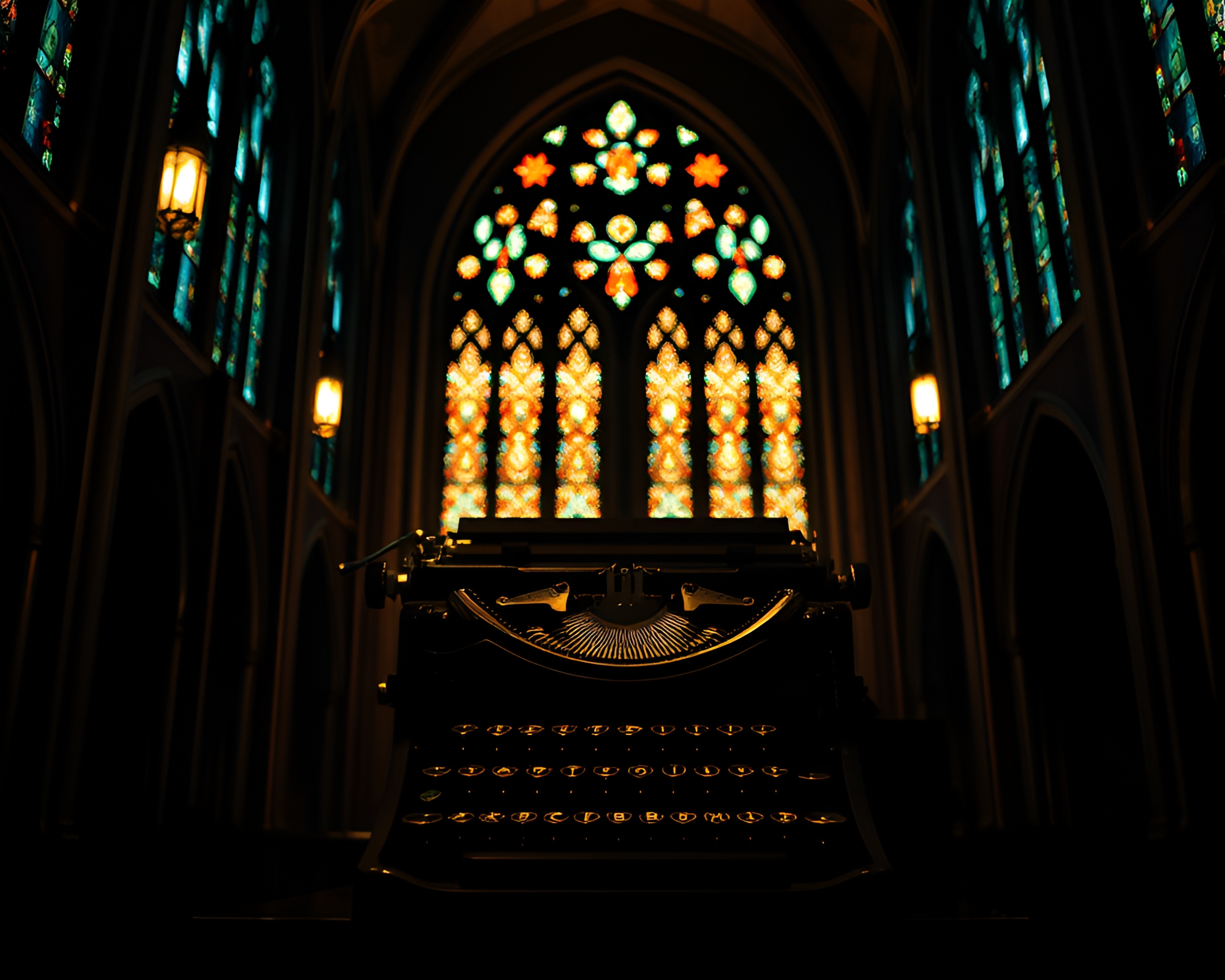 Vintage typewriter on stained glass cathedral backdrop – free AI stock image