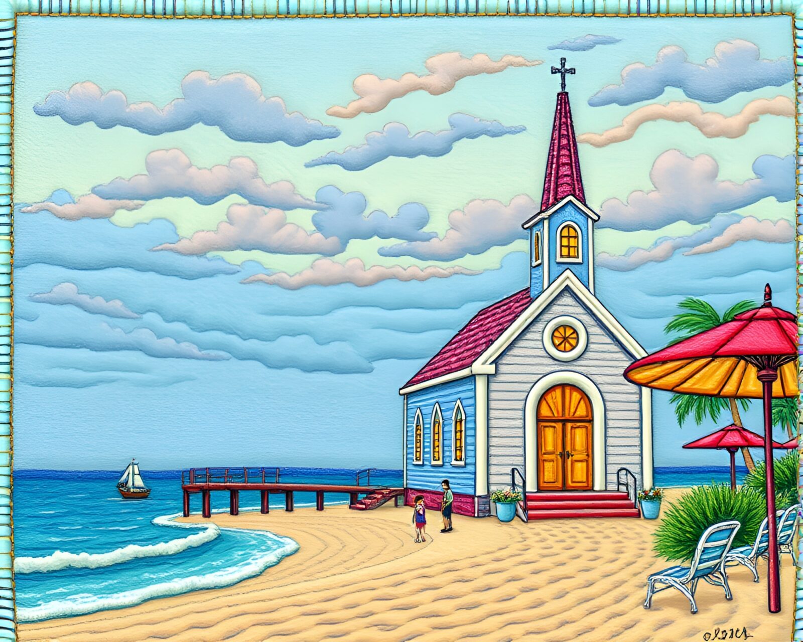Trompe-l'oeil beach scene with candlelit church ambiance