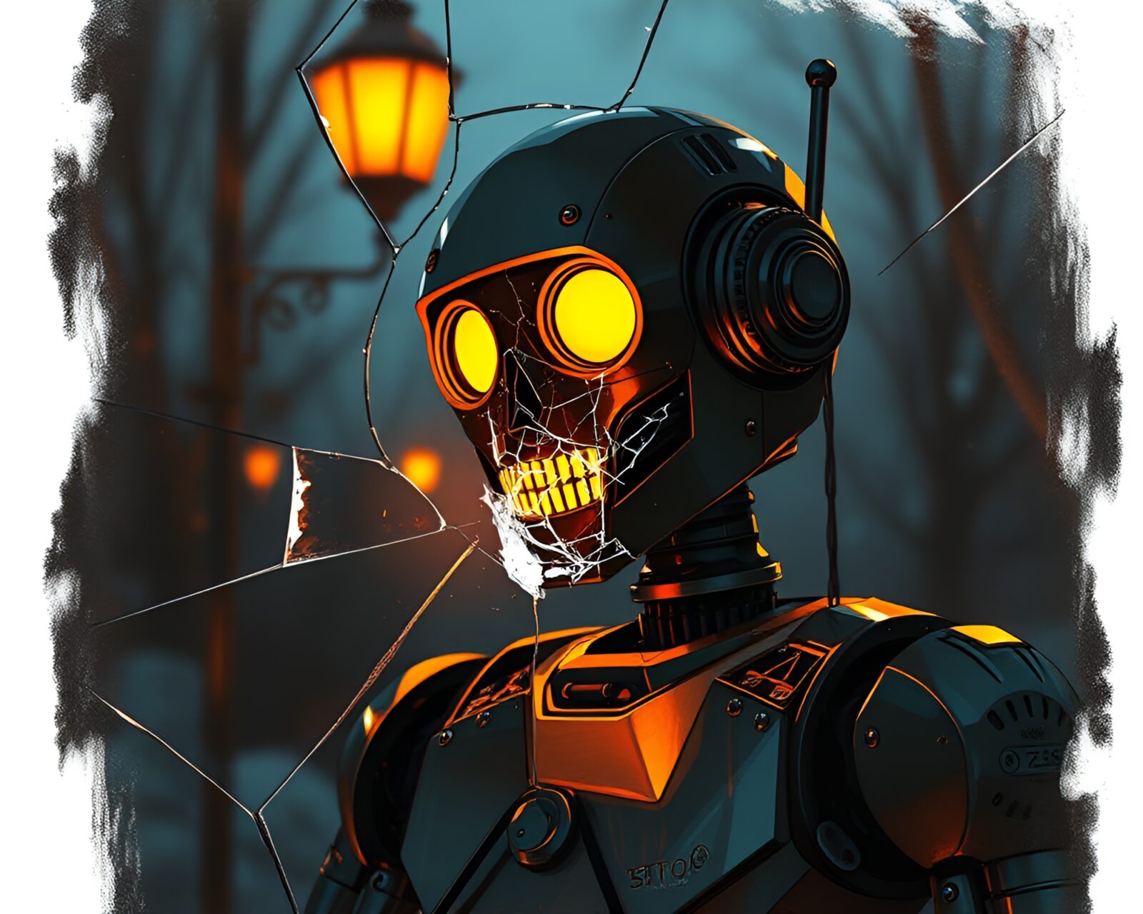 Gritty steampunk robot reflecting light through broken glass shards