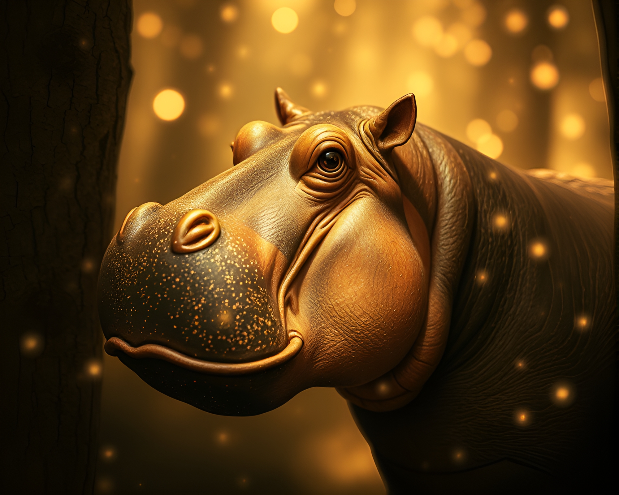 Hippopotamus in Enchanted Woodland with Sepia Glow – free AI stock image