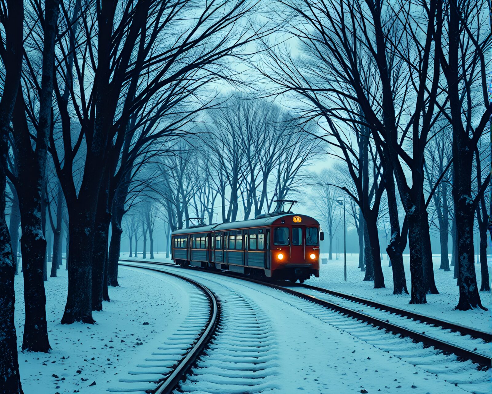 Abstract cubist train carving through frosty tree rings
