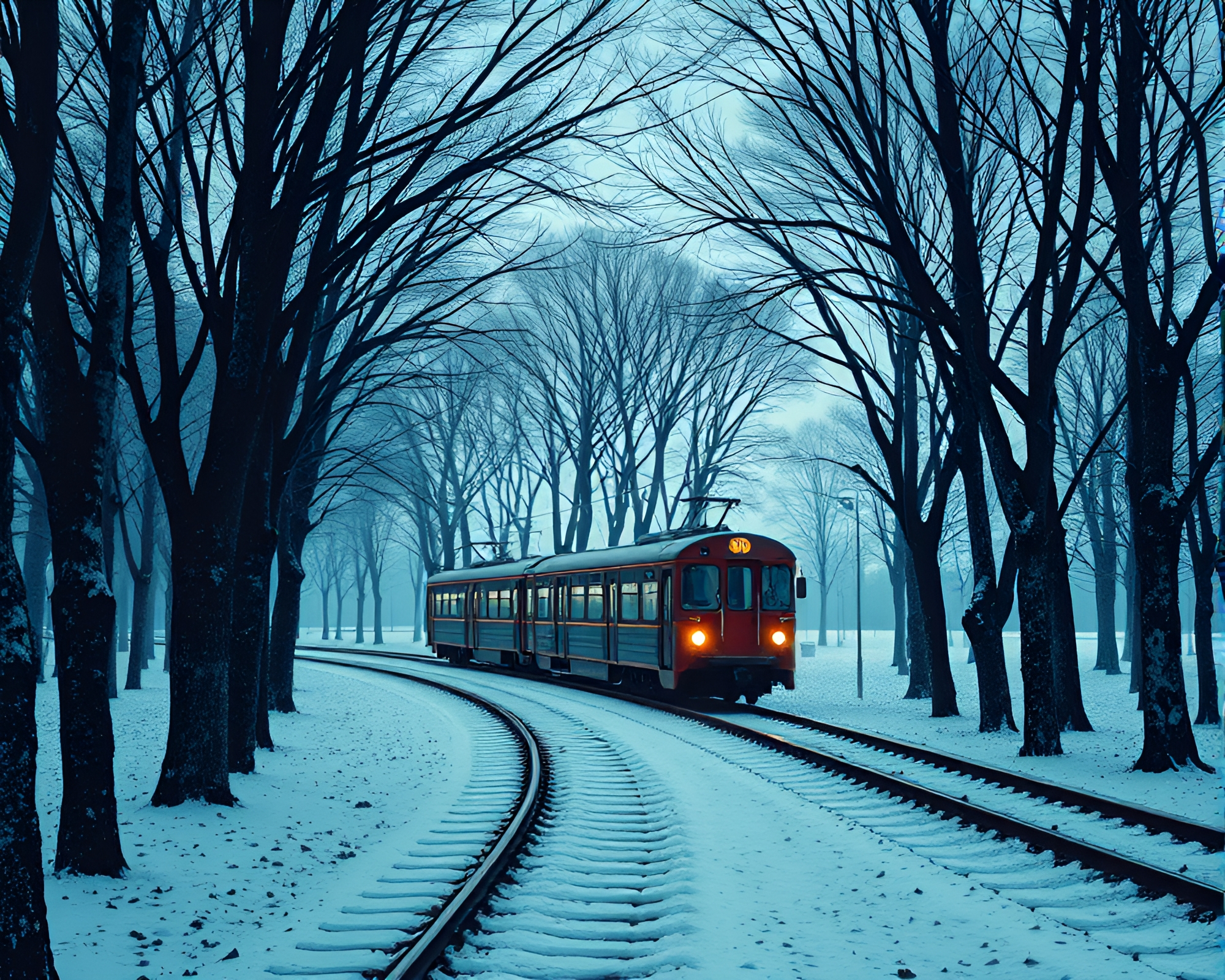 Cubist Train Journey Through Ice-Blue Tree Rings – free AI stock image