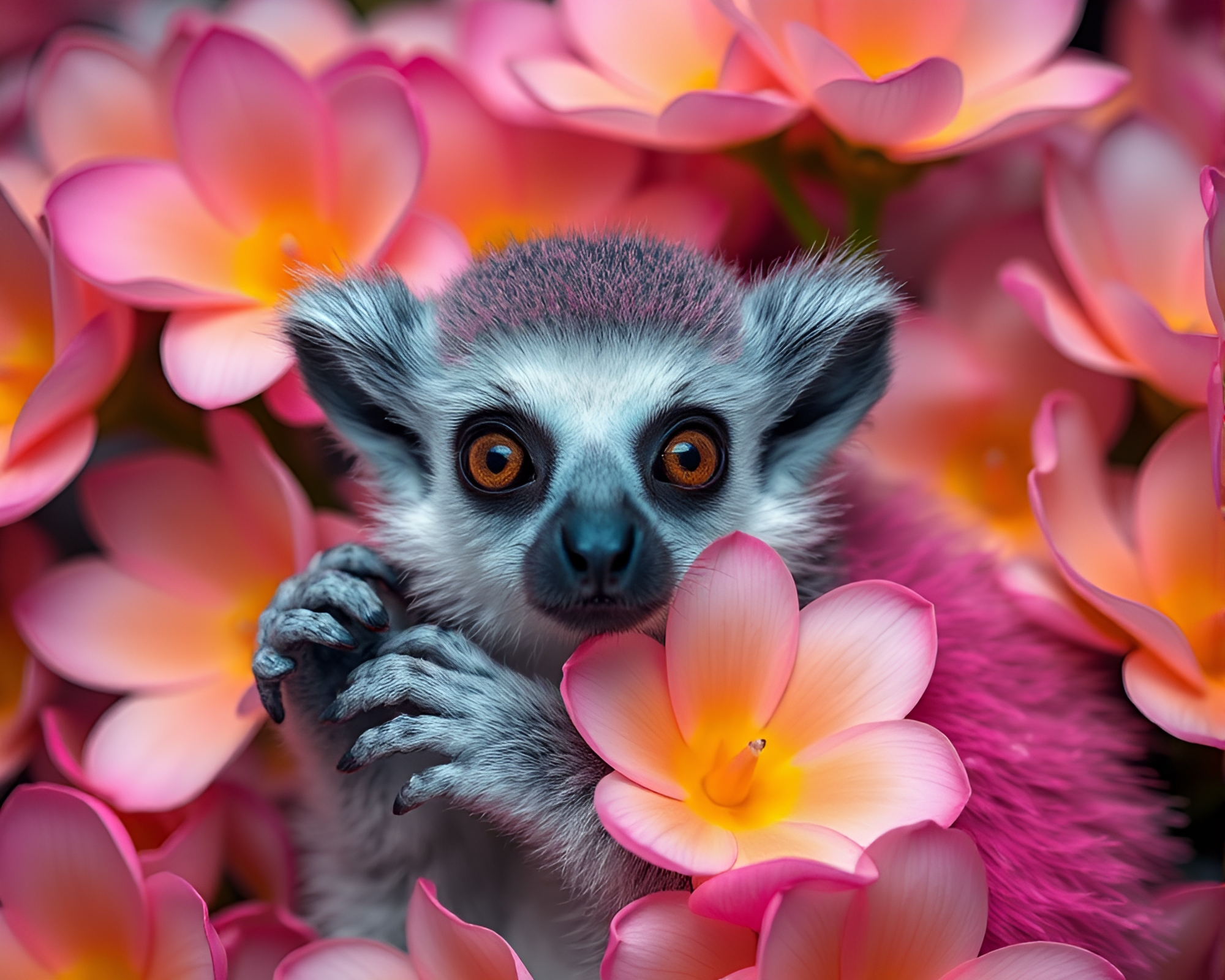 Pastel Neon Lemur Surrounded by Flower Petals – free AI stock image