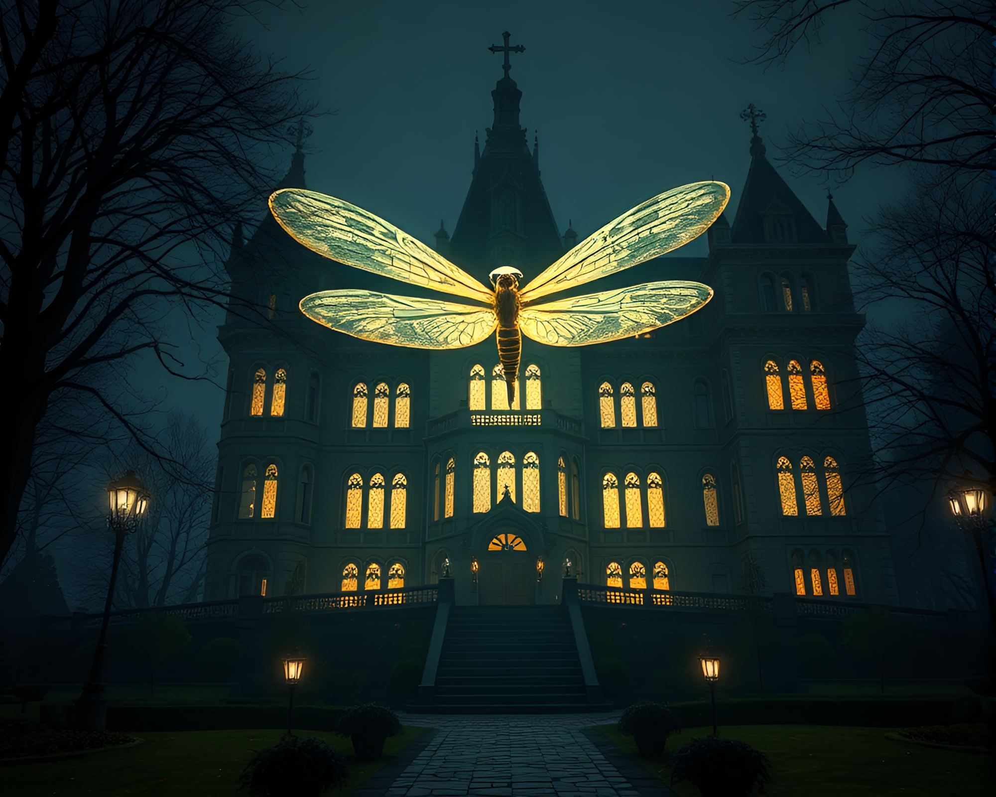 Neo-Gothic Mansion Aglow with Firefly Luminescence – free AI stock image