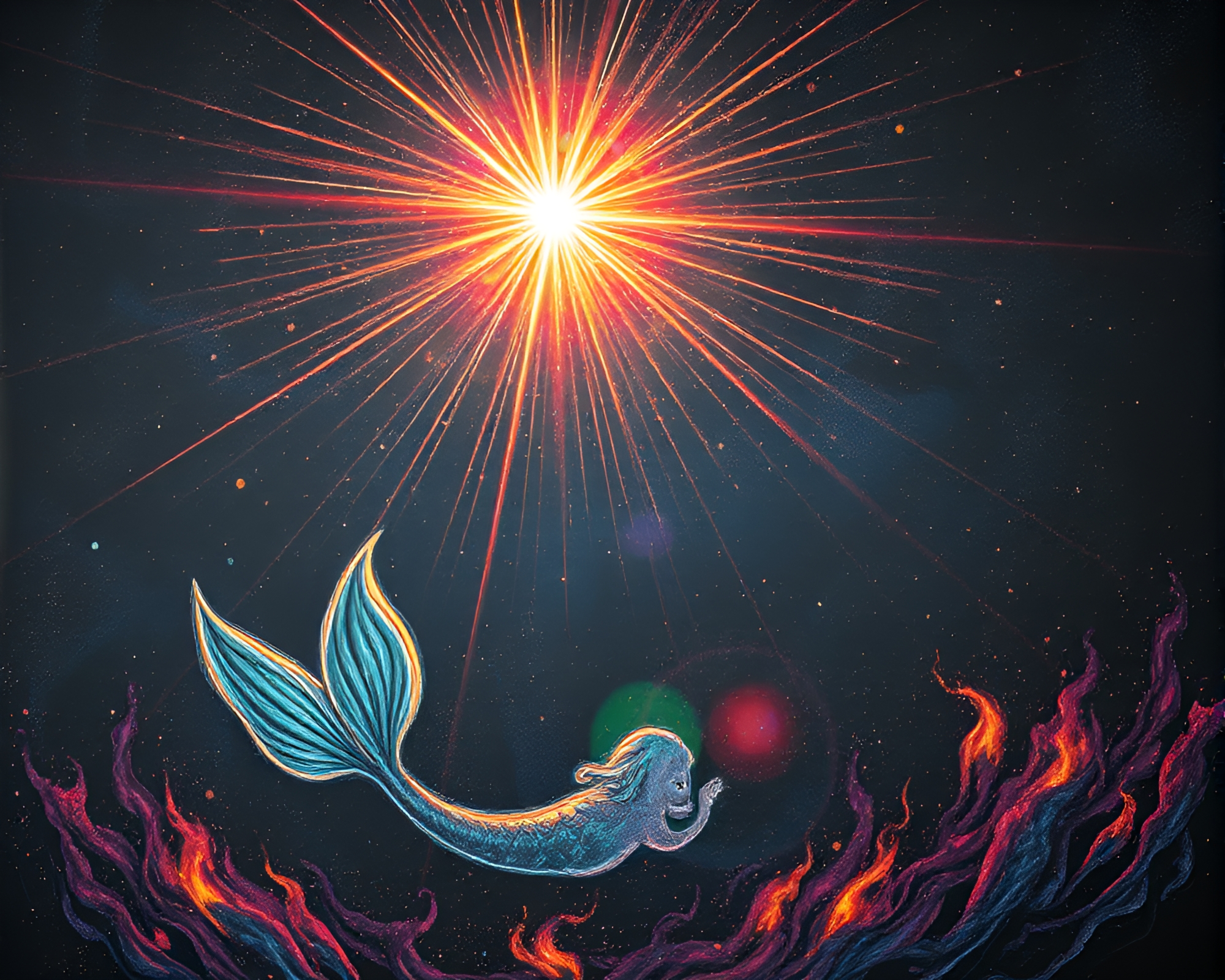 Glowing Mermaid Among Floating Embers Chalk Drawing – free AI stock image